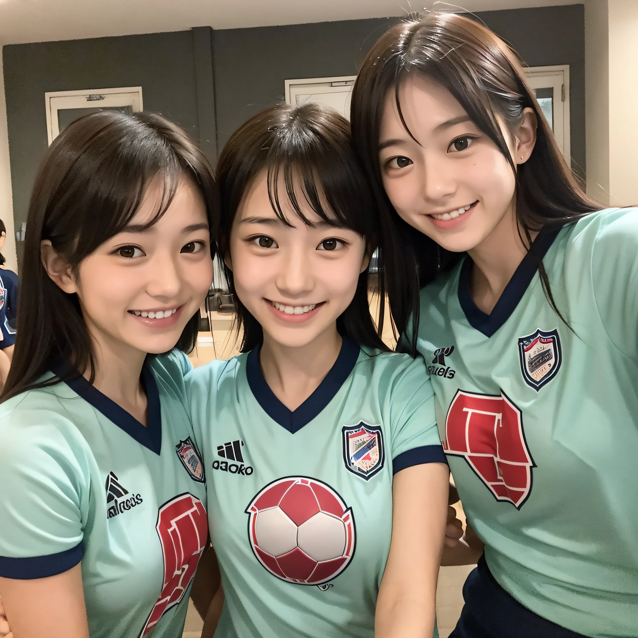 Three attractive Japanese high school students.
They are wearing matching soccer jersey T-shirts.
They are smiling and have their arms around each other's shoulders.
The image should have a realistic style.
The image should have a casual and "selfie" like feel, as if taken with a smartphone. --auto --s2