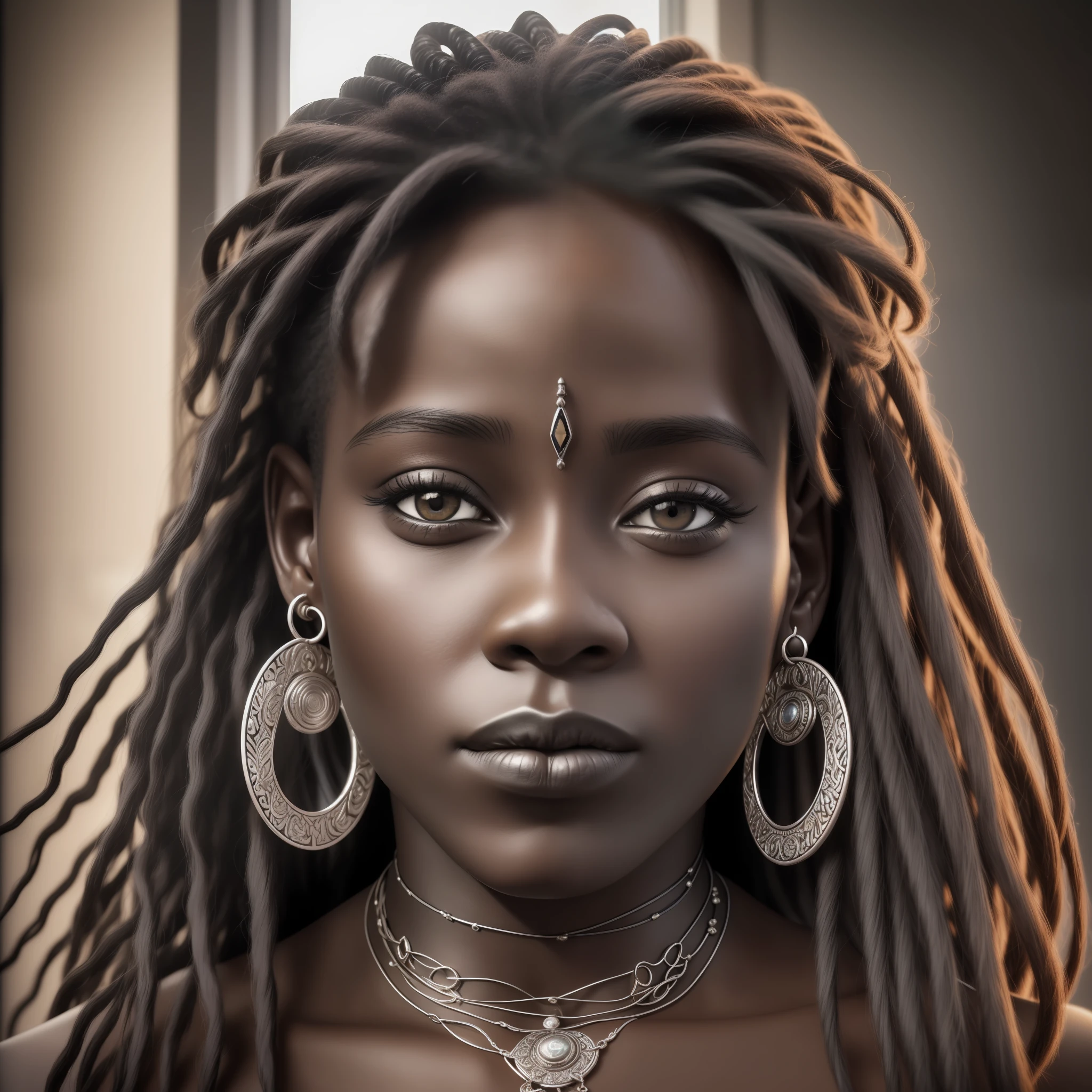 (((Face seen up close))), Photorealism, masterpiece, best quality, play of light, window, detailed and realistic skin, HDR, woman of (((black skin))), Senegal, detailed face, striking lips, dread hair, hair stuck, jewelry, silver, earrings, detailed hair, detailed eyes, black eyes, window background, sunlight,