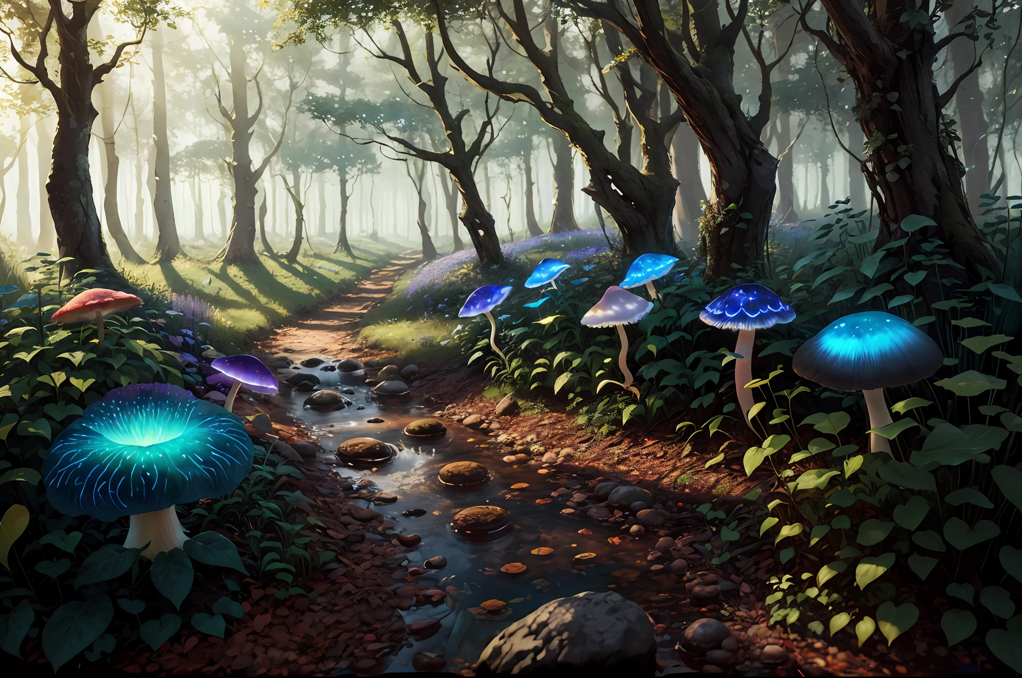 masterpiece, best quality, high quality,extremely detailed CG unity 8k wallpaper, An enchanting and dreamy scene of a fantasy forest, with towering trees, glowing mushrooms, and hidden fairy glens, creating a sense of mystique and enchantment, artstation, digital illustration, intricate, trending, pastel colors, oil paiting, award winning photography, Bokeh, Depth of Field, HDR, bloom, Chromatic Aberration ,Photorealistic,extremely detailed, trending on artstation, trending on CGsociety, Intricate, High Detail, dramatic, art by midjourney