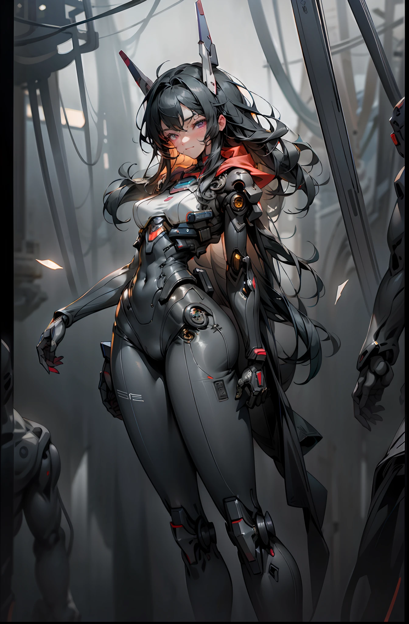 Girl, Sexy, Mecha Suit, Face and Chest and Thighs Skin Exposed, Big, Cleavage Exposed Skin, Purple Eyes, Glowing Eyes, Fine LED Lamps, Detailed Neon, Dark_Fantasy, Cyberpunk Suit, (Gundam, Red: 1.1), One, Mechanical Wonders, Robotic Presence, Cybernetic Guardian, Wearing a worn-out mech suit, complex, ( Steel Metal [Rusty]), elegant and clear focus, cinematography by Greg Rutkowski, soft lighting, bright colors, masterpieces, (street)), cowboy shots, dynamic poses,