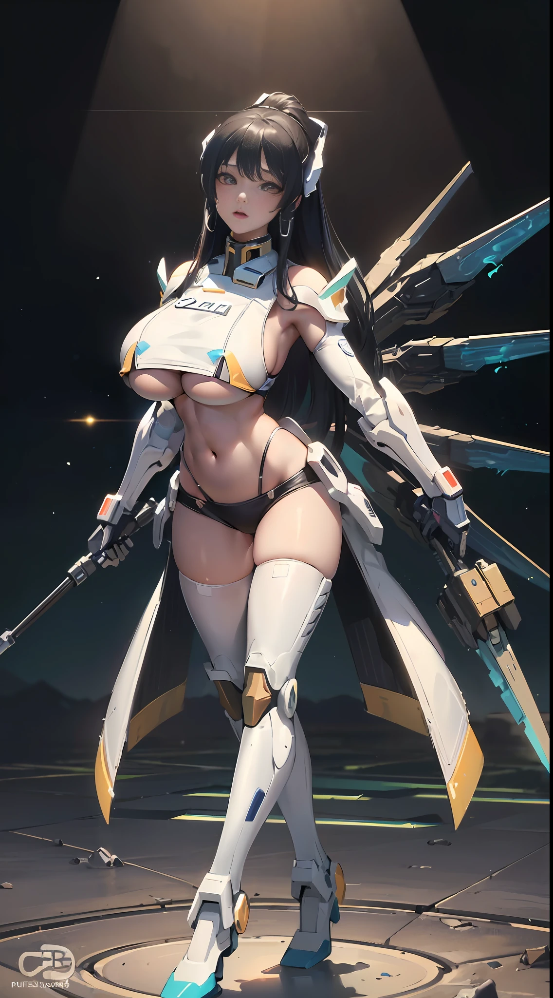 ((Best quality)), ((masterpiece)), (highly detailed:1.3), 3D, beautiful, (cyberpunk:1.2), in space, nebula, holding_weapon, laser, (1Female mecha:1.3), sexy body, facing the audience, Glowing eyes, full body, (flying, swooping down, dynamic, motion blur: 1.4), (huge mech wings: 1.6), looking up, glowing_eyes, mecha, panorama, background is earth, nebula, space, particles, Reality, HDR (High Dynamic Range), Ray Tracing, NVIDIA RTX, Super Resolution, Unreal 5, Subsurface Scattering, PBR Textures, Post Processing, Anisotropic Filtering, Depth of Field, Maximum Clarity and Clarity, Multilayer Textures, Albedo and Specular maps, Surface shading, accurate simulation of light-material interaction, perfect proportions, Octane Render, two-tone lighting, large aperture, low ISO, white balance, rule of thirds, 8K RAW, efficient sub-pixel, sub-pixel volume product, (best quality),(Japanese:0.5),(korean:0.8), (Liu Yi Fei:1.5) long hair, (big breast:1.2),(underboob:1.5)