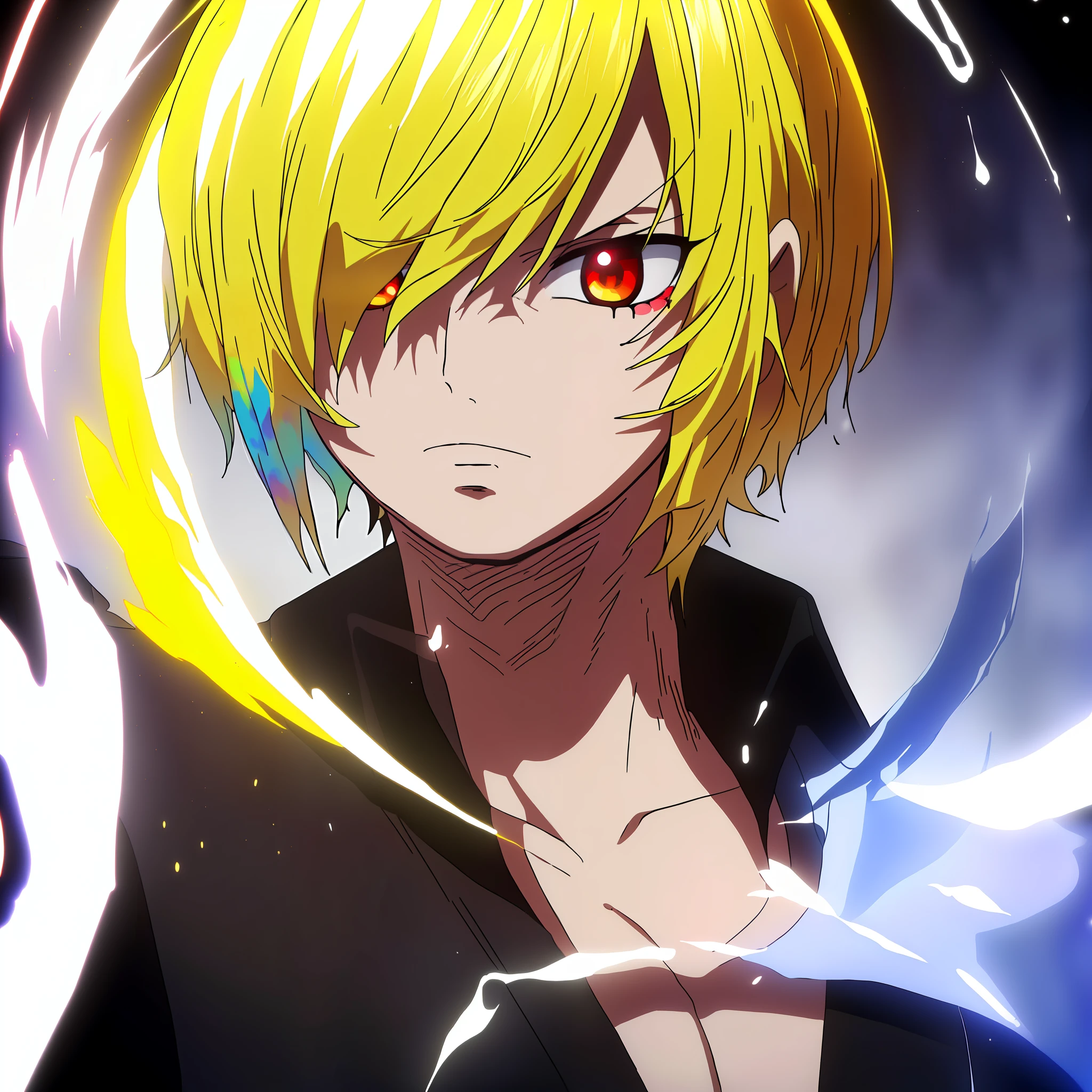 A male ager, white and blonde multicolored hair, hairstyle back, oil, heavy strokes, drips of paint, Wears luxurious black tunic with high details, flashy bright eyes, red eyes, background rays, stylized luxury clothes, 8k