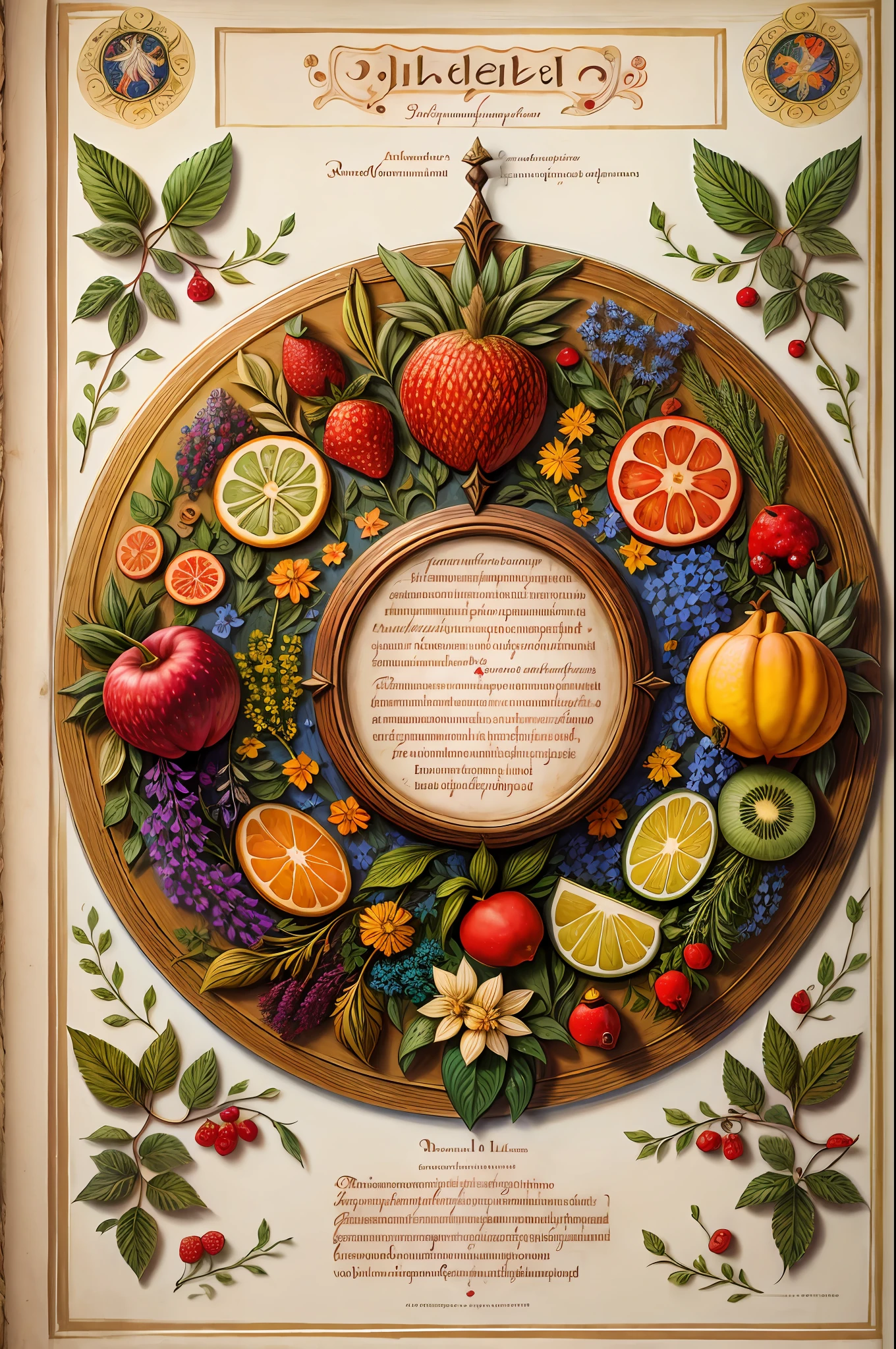 Detailed illustration of a medieval herbal manuscript page with herbal illustrations, with floral and fruits illustrations, fruits, intricate text, exceptionally high details, aerial view from above, centred, no people, nobody