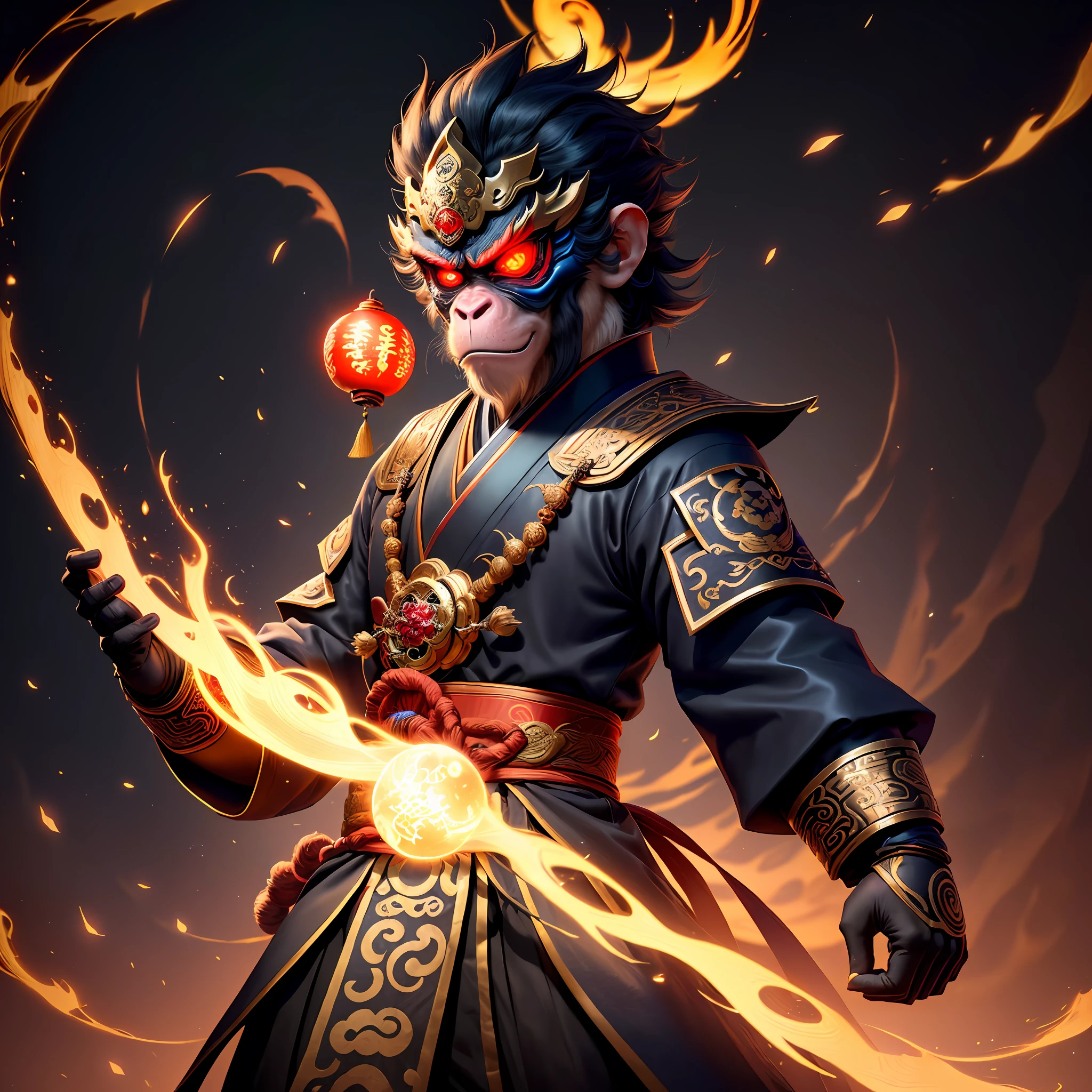 A monkey, magical, anthropomorphic, boy, angry expression, glowing eyes, Wanruo mask, Hanfu, background of ancient Chinese street, night. Genshin Impact Impact, Best Quality, High Detail, High Quality, Ultra High Resolution, OC Rendering, 8K