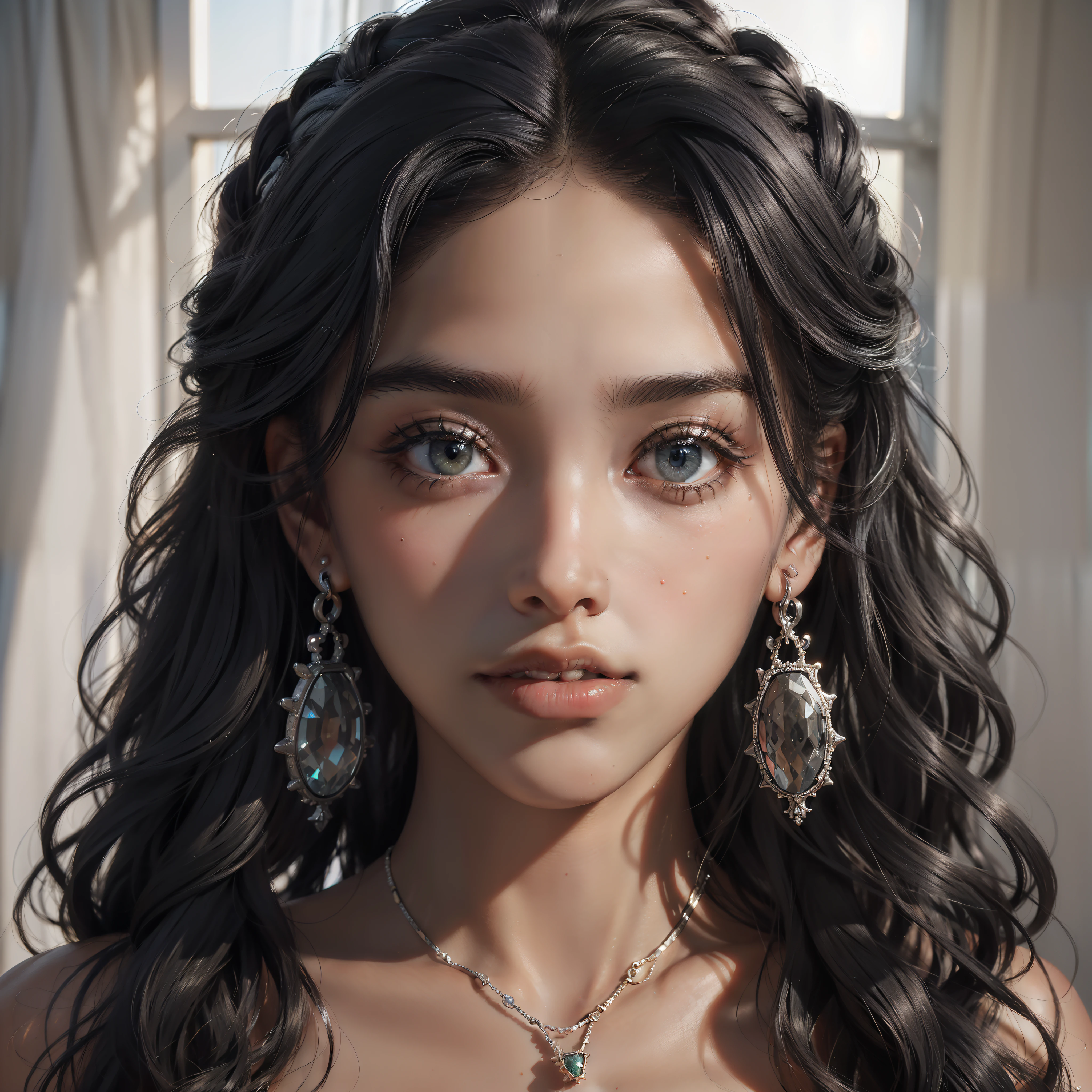 (((Face seen up close))), Photorealism, masterpiece, best quality, play of light, window, detailed and realistic skin, HDR, woman of (((black skin))), Senegal, Curly hair, detailed face, striking lips, dread hair, hair stuck, jewelry, silver, earrings, detailed hair, detailed eyes, black eyes, window background, sunlight,