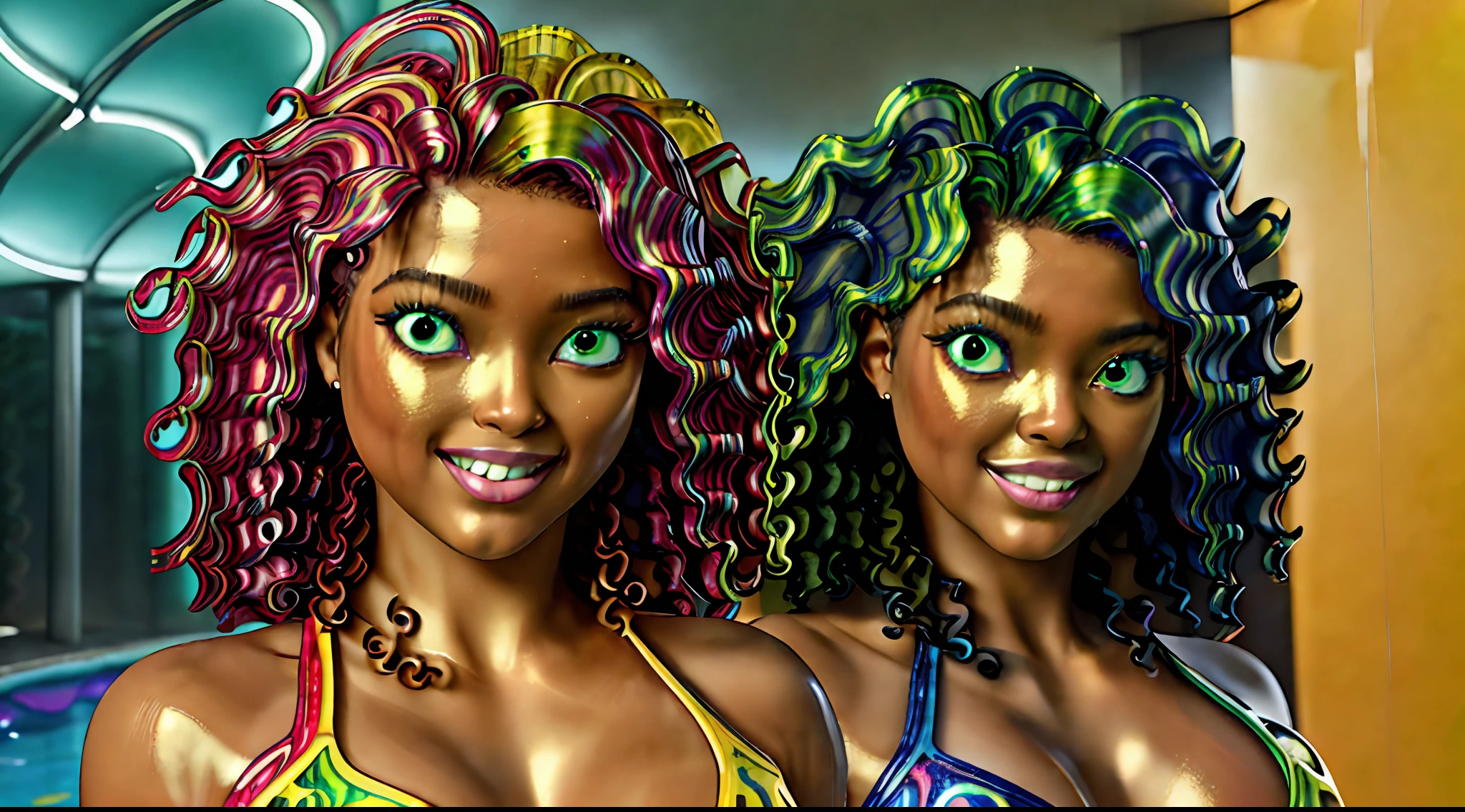 (Best quality, 4k, Masterpiece :1.3), pretty ebony woman, hyper realistic, 1girl, (massive breasts, attractive body :1.25), abs :1.1, (extreme neon rainbow hair), (curly hair:2), long hair, (rainy wet, wet from rain, wet body :1.2), ultra-detailed face, detailed lips, detailed (sparkling (heterochromia, left honey eye, right green eye:1.35)), double eyelid, gold sultry low neck gown gold, open cleavage, hanging breasts, side pose, visible curves, pool party, laying pool side, laying alone, (((1girl))), gold transparent robe gold, evil smile, sweating