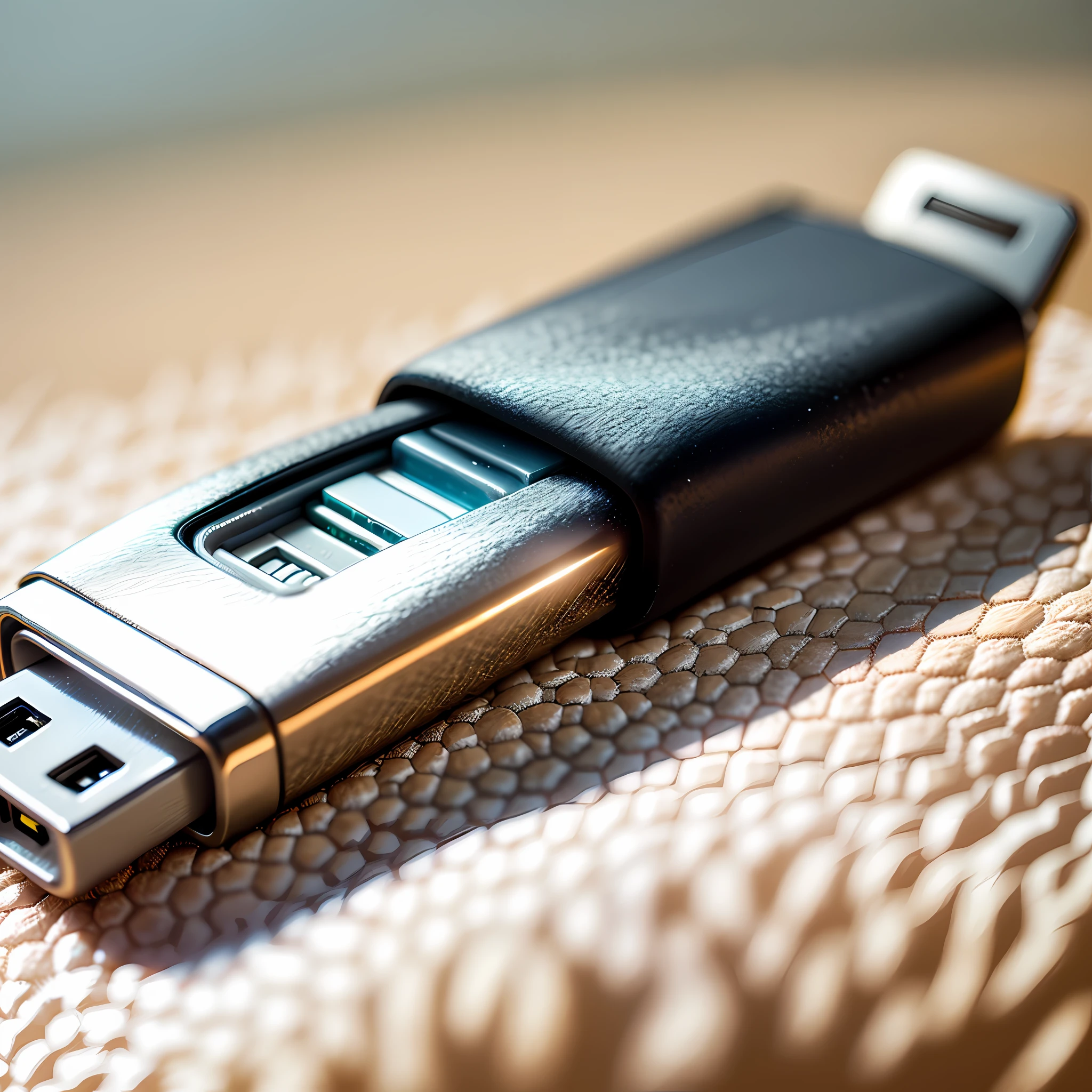 A USB flash drive on the table, give a close-up of the USB drive, with a little small decoration commonly used on the table around it, the overall bright style
