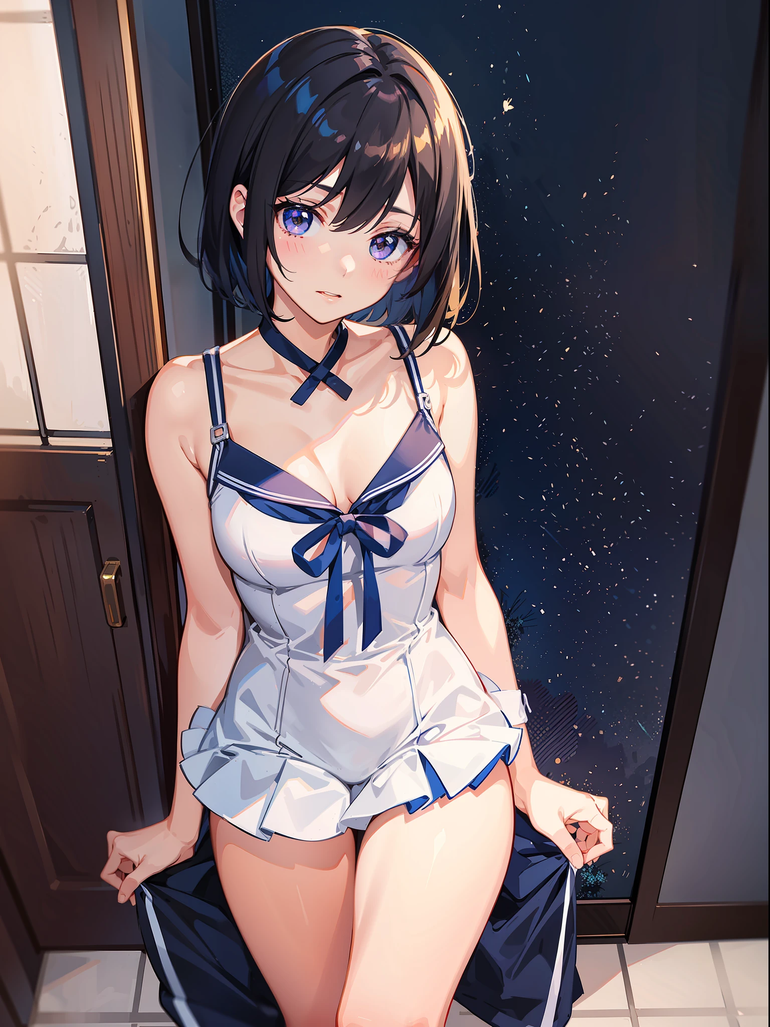 {2 Slender Beautiful Girls in Japan}, {Lily}, High Resolution, Top Quality, Super Detail, {Full Body}, Sailor School Swimsuit, Wedges, Fine Details, No Blushing Cheeks, Bob Cut, Bite