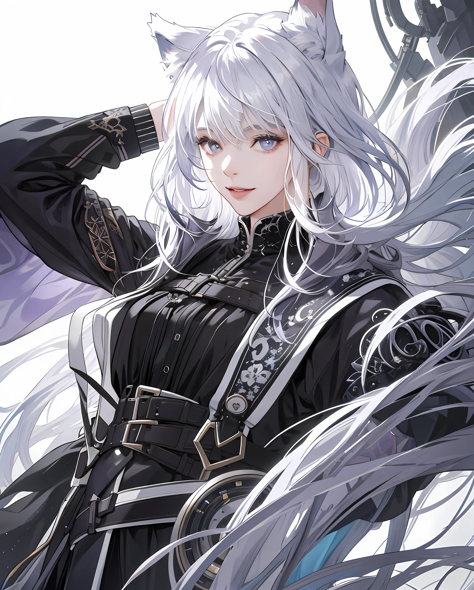 absurd, tall, ultra-detailed, 1girl, solo, extremely detailed eyes, (official art, beautiful and aesthetic: 1.2), (1girl), extremely detailed, (fractal art: 1.3), colorful, most detailed, detailed art, ultra-detailed, 150mm analog lens, complex details, hyper-realistic, ultra-detailed, octa-based rendering, 8k post-production, iridescent colors, night, (realistic, photo-realistic:1.4), ((1girl)), girl, (( black and white hair)), wolf ears, half hair black, half hair white, two-tone hairstyle, hip-high, white hair, 2 hair tones, 2 hair colors, evil smile, voluminous soft light, lilac eyes, gray eyes, (Masterpiece, Best quality, High resolution: 1.4), Detailed, Complex details, 4K, full height
