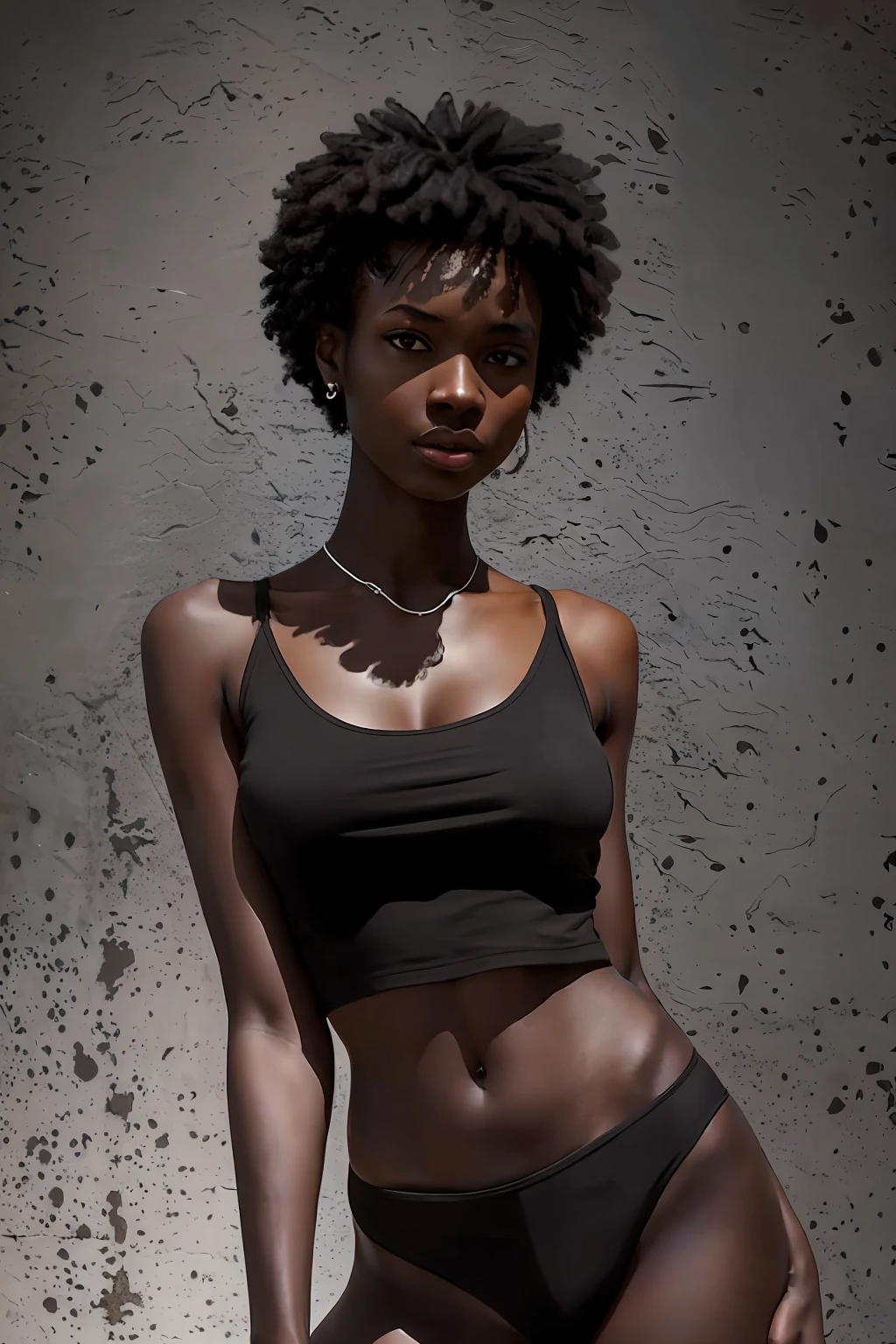 masterpiece, best quality, highly detailed, photorealistic, photo of young tall slender woman, dark skin, upper body, 8k, darkness, accent lighting, 100mm, high contrast, simple background, hands down, ((short:1.5)) curly hair, black tank top, ((shadows:1.2)), sharp focus, centered, looking at the camera, aesthetic