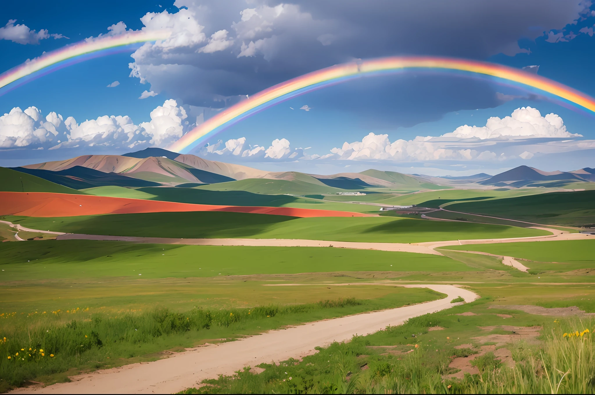 Beautiful rainbow on the steppe