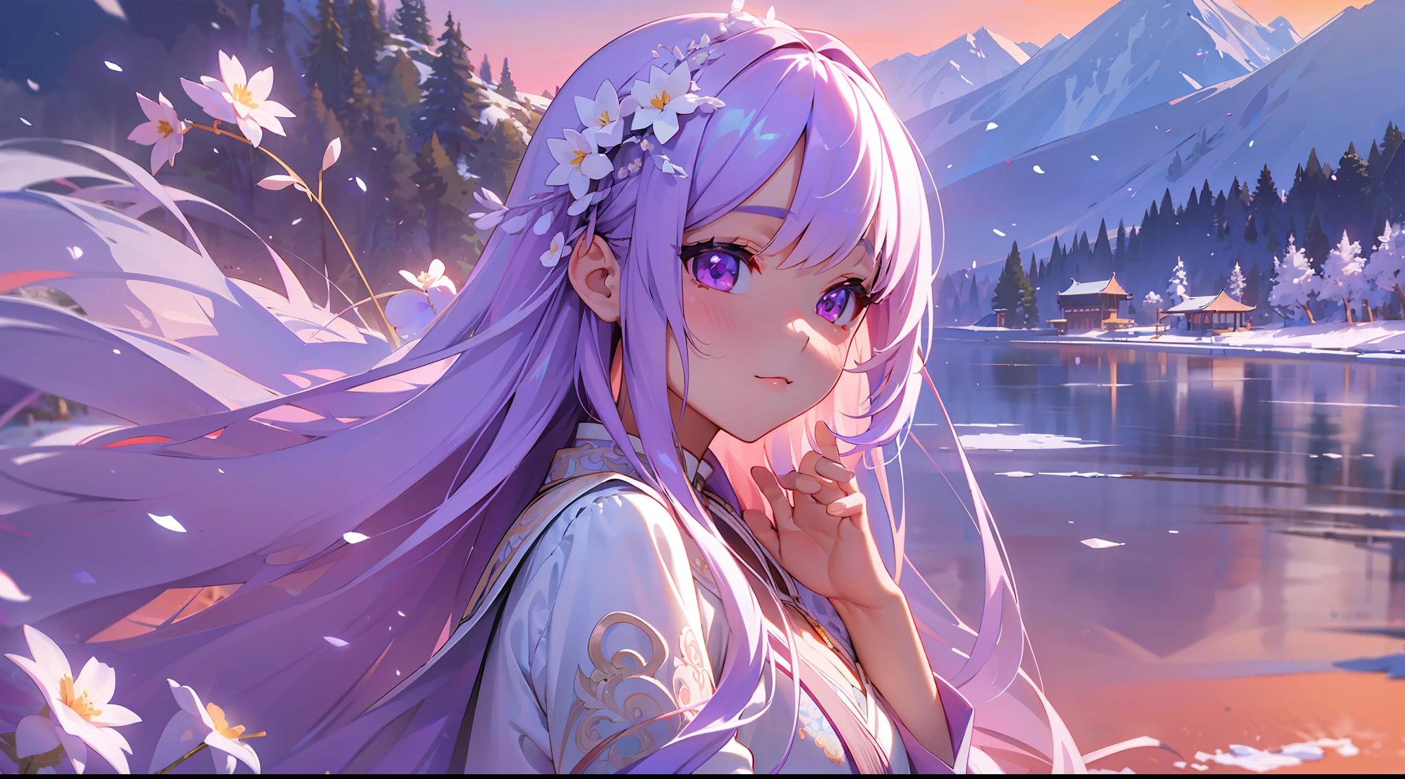 Girly, high cold, white purple gradient long hair, hair with flowers, mountains, lake, sunset, snow, Chinese cabin, movie lighting, brilliant light purple eyes, facing the camera, high resolution, delicate facial features, front lighting, 3D, 8K, extremely delicate illustrations, intricate and detailed details, extremely high quality