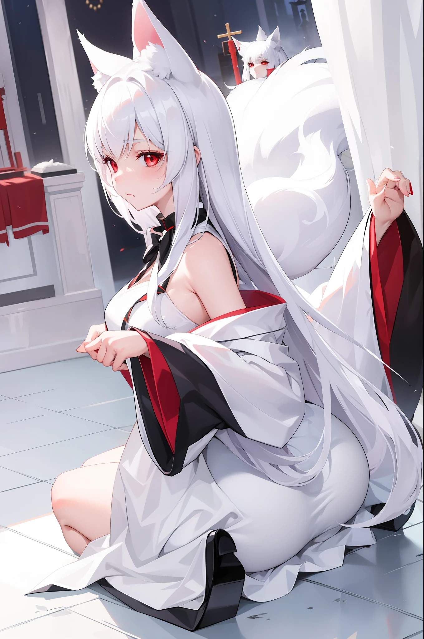 White cat ears, white fox tail, girl, witch costume, white hair, red eyes, shrine