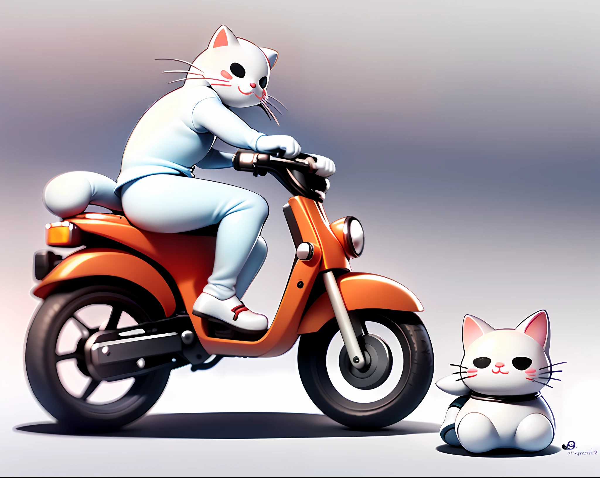 White background, there is a white cat riding a scooter with hat and sunglasses (white background, cat wearing sunglasses, enthusiasm, cute cartoon characters, hand drawn cartoon art style, cartoon style illustration, simple and clean illustration, mascot illustration, illustration line art style, funny illustration, cute illustration, hello, 3 0, adobe illustrator made, moped rider, cyclist