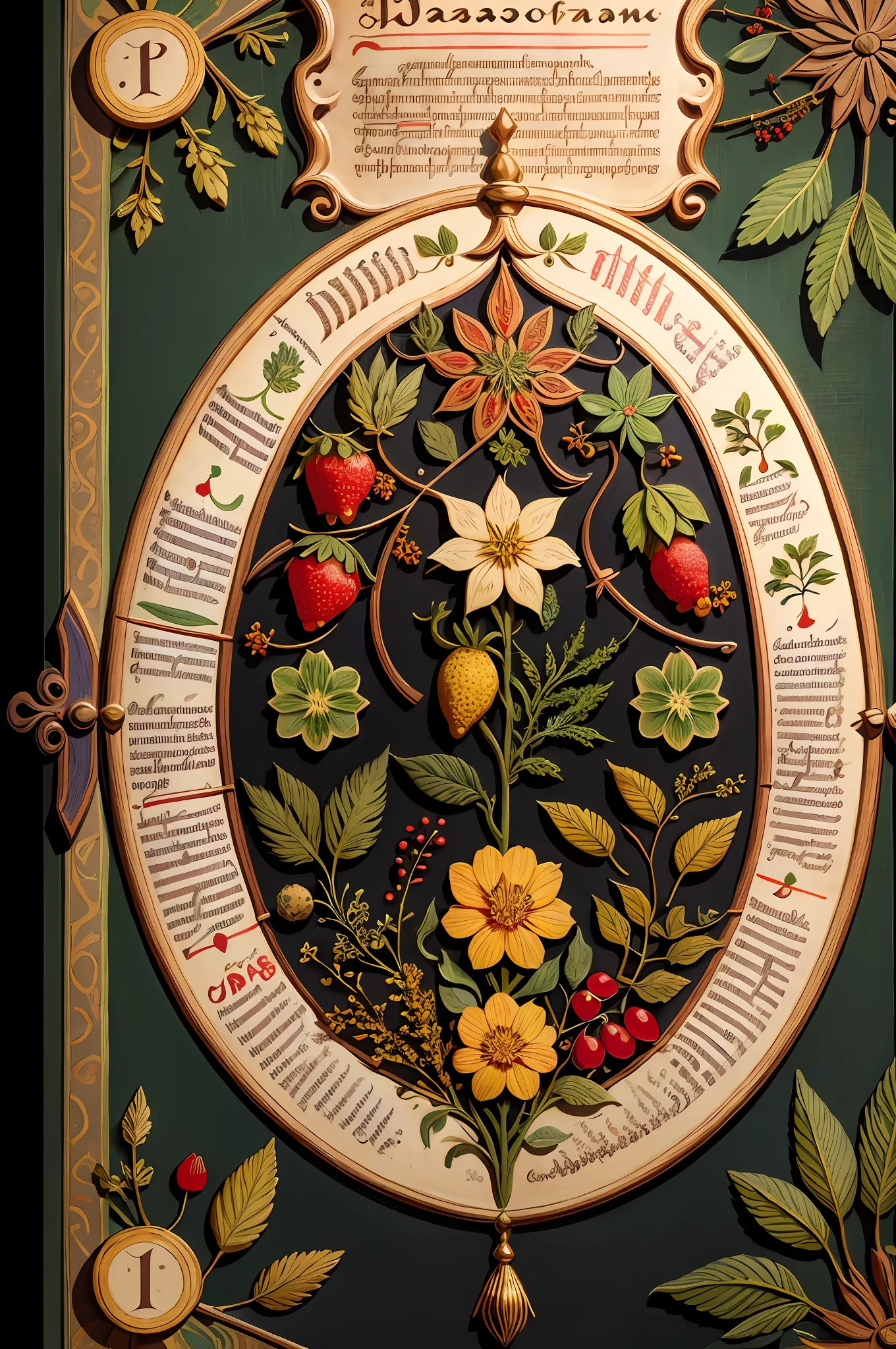 Detailed illustration of a medieval herbal manuscript page with herbal illustrations, with berries and fruits illustrations, intricate text, exceptionally high details, aerial view from above, centred, no people, nobody, dark green black background