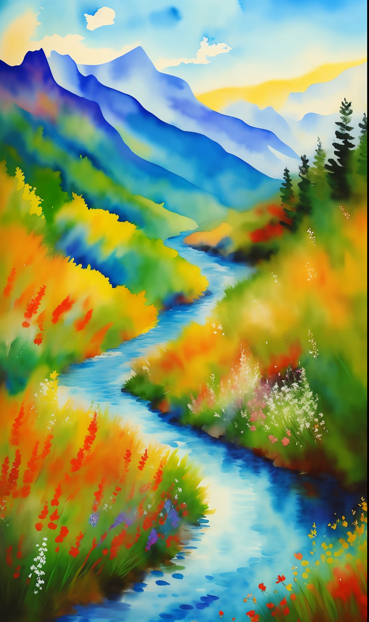 Heat, wind, wildflowers, mountains, rivers, old people, watercolors, impressionism