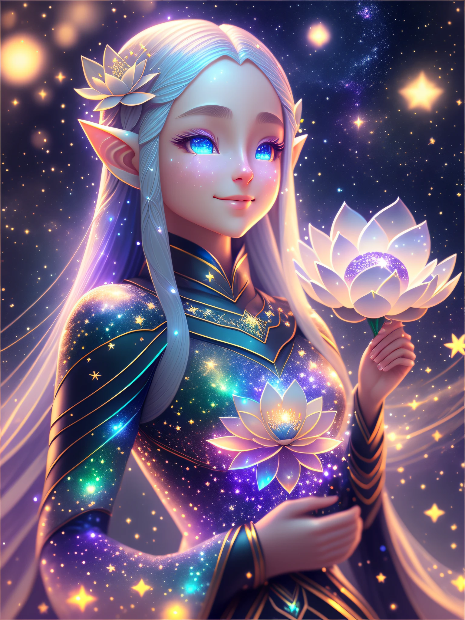 There is one beautiful girl Galactic Snow Elf with a thin body and long hair and elf ears, holding lotus flowers in her hands, facial expression - a gentle surprised smile, starpollen, the brilliance of a scattering of stars, 8K 3D ray tracing rendering, bokeh volumetric lighting, colorful octane rendering, 32k octane rendering, (galaxy) volumetric lighting iridescence, rendered in octane rendering, super rendering in octane rendering, Created in octane rendering, among the stars on the black background of the night galaxy, visualized in octane number, in full growth, a look at the audience