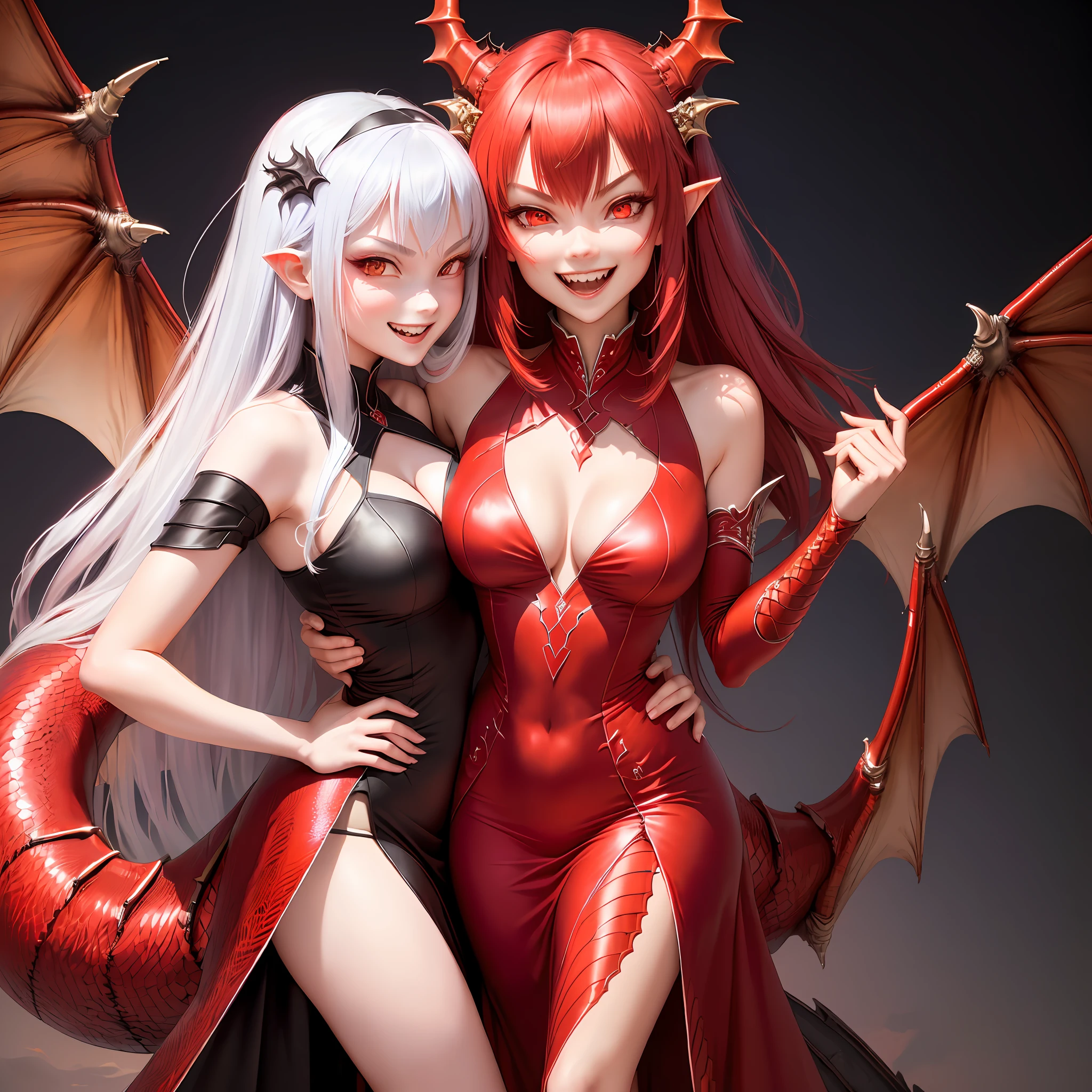 red (antopomorf dragongirl), scale, (clear eyes), long dress, flat breasts, evil smile, open mouth teeth, hug