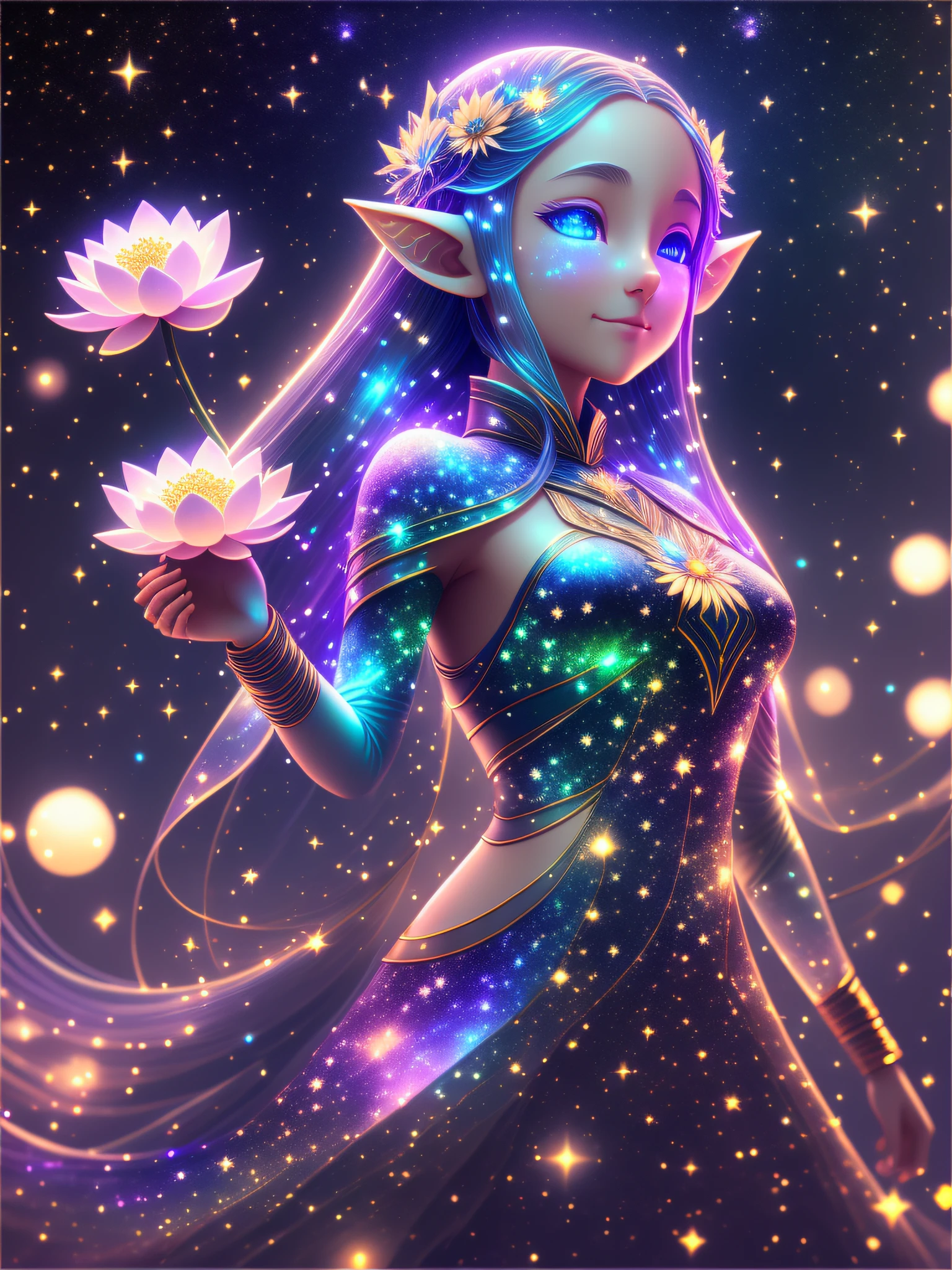 There is one beautiful girl Galactic Snow Elf with a thin body and long hair and elf ears, holding lotus flowers in her hands, facial expression - a gentle surprised smile, starpollen, the brilliance of a scattering of stars, 8K 3D ray tracing rendering, bokeh volumetric lighting, colorful octane rendering, 32k octane rendering, (galaxy) volumetric lighting iridescence, rendered in octane rendering, super rendering in octane rendering, Created in octane rendering, among the stars on the black background of the night galaxy, visualized in octane number, in full growth, a look at the audience