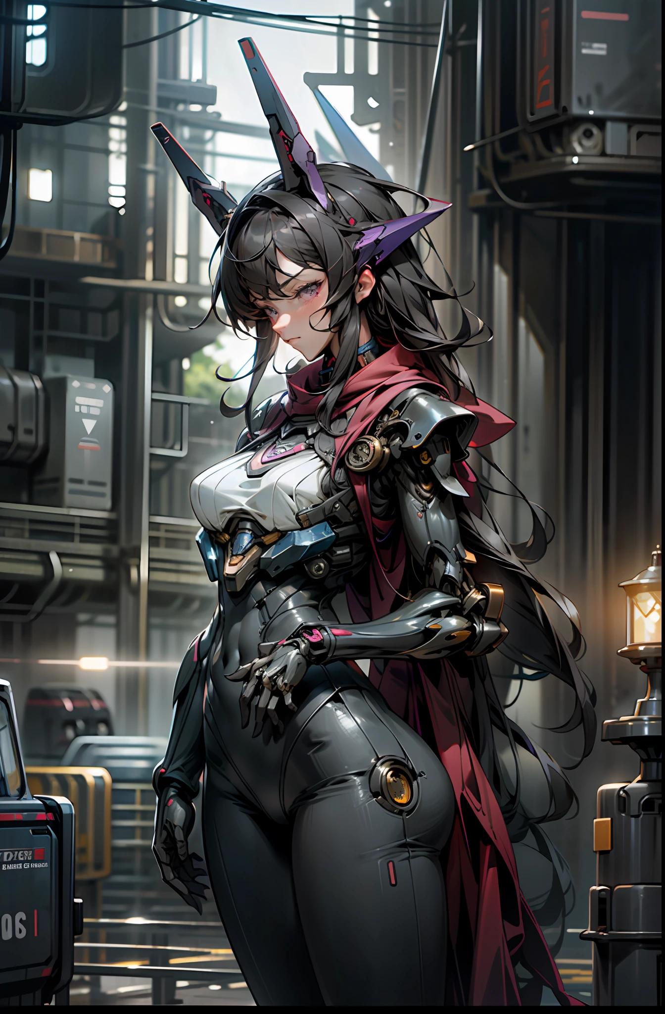 Girl, Sexy, Breast Parts Off, Mecha Suit, Face and Chest and Thighs Skin Exposed, Big, Cleavage Exposed Skin, Purple Eyes, Glowing Eyes, Fine LED Lamps, Detailed Neon, Dark_Fantasy, Cyberpunk Suit, (Gundam, Red: 1.1), One, Mechanical Wonders, Robotic Presence, Cybernetic Guardian, Wearing a worn-out mech suit, complex, (steel metal [rusty]), elegant and clear focus, cinematography by Greg Rutkowski, soft lighting, vivid colors, masterpiece, (street)), cowboy shots, dynamic poses,