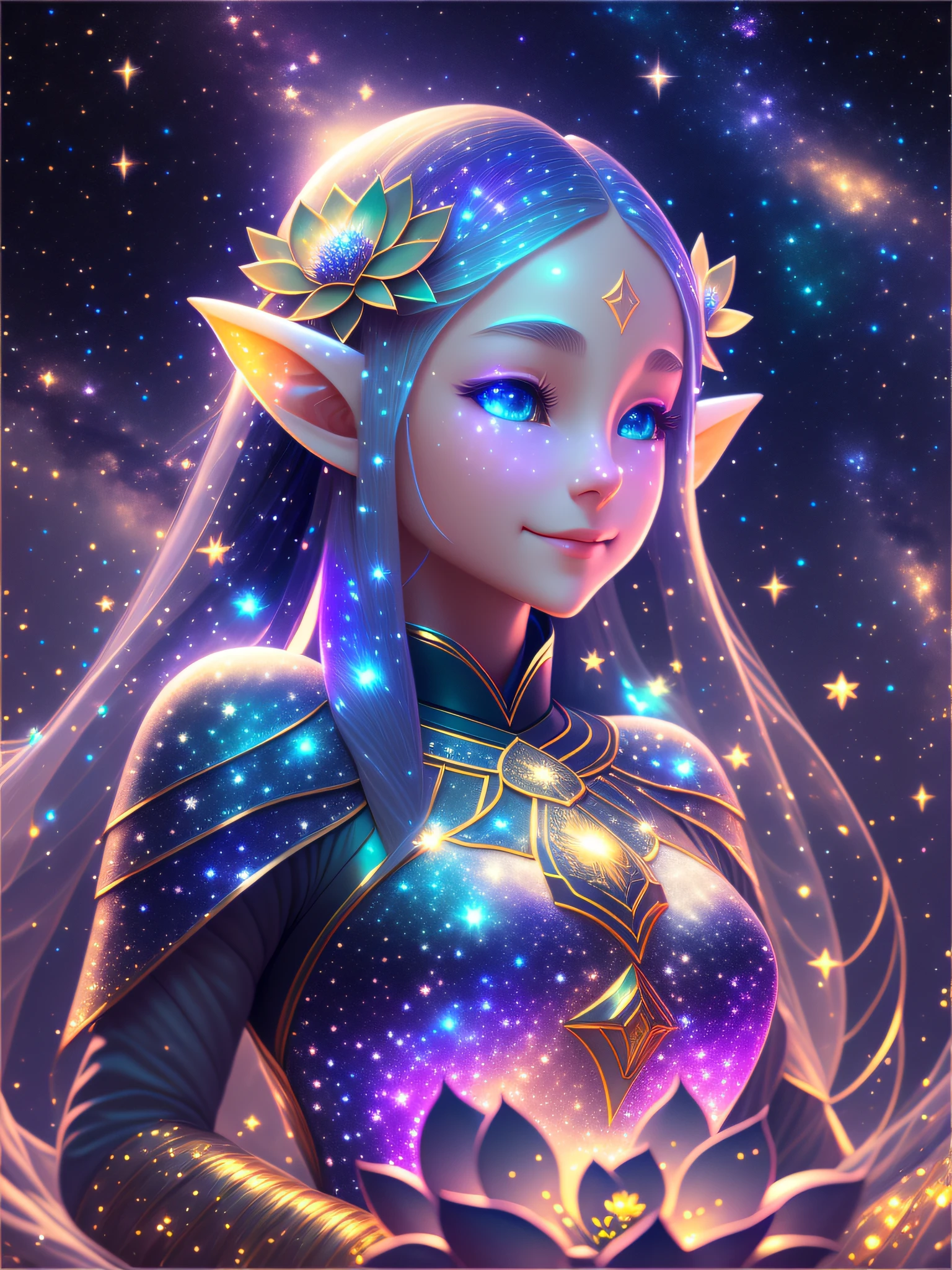 There is one beautiful girl Galactic Snow Elf with a thin body and long hair and elf ears, holding lotus flowers in her hands, facial expression - a gentle surprised smile, starpollen, the brilliance of a scattering of stars, 8K 3D ray tracing rendering, bokeh volumetric lighting, colorful octane rendering, 32k octane rendering, (galaxy) volumetric lighting iridescence, rendered in octane rendering, super rendering in octane rendering, Created in octane rendering, among the stars on the black background of the night galaxy, visualized in octane number, in full growth, a look at the audience