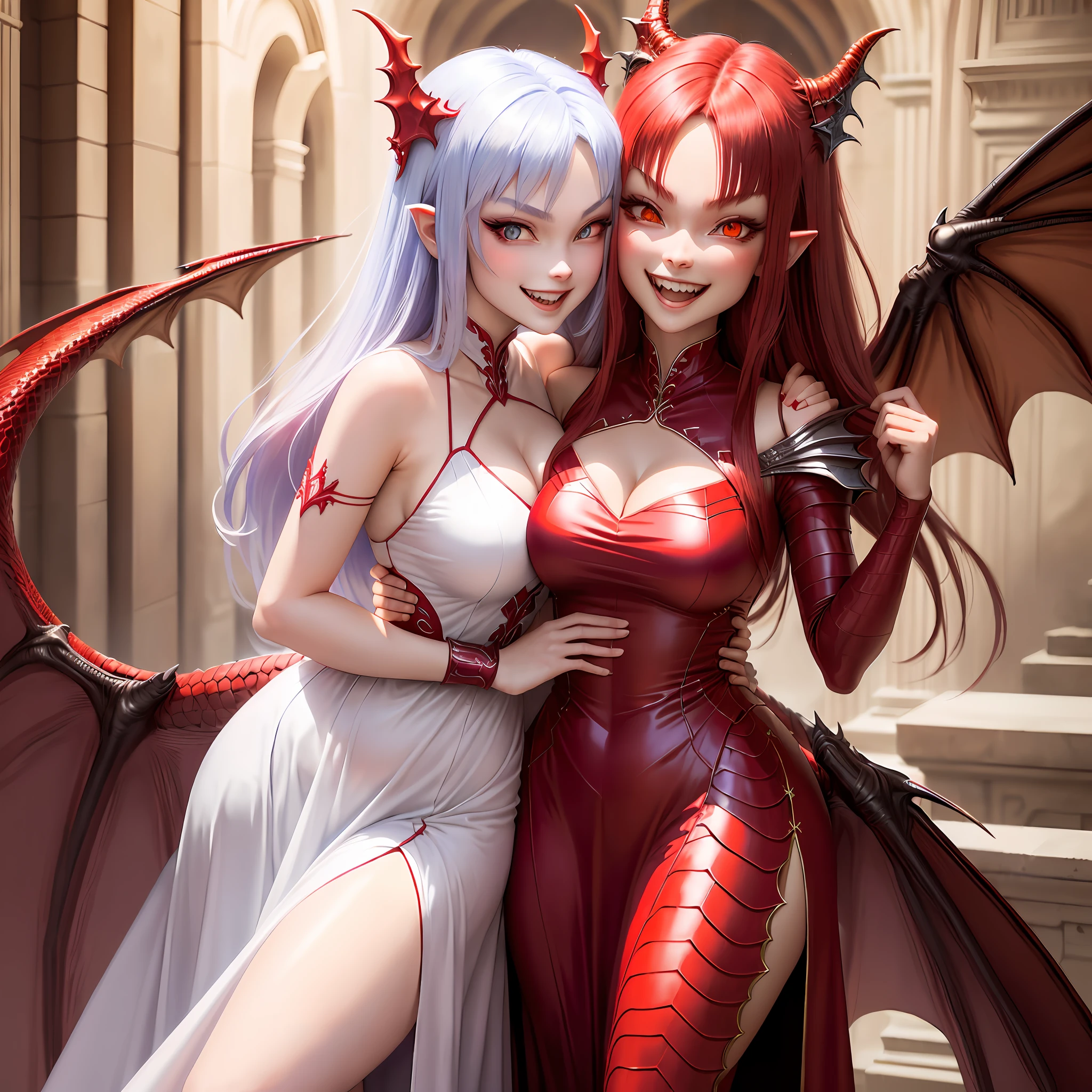 red (antopomorf dragongirl), scale, (clear eyes), long dress, flat breasts, evil smile, open mouth teeth, hug