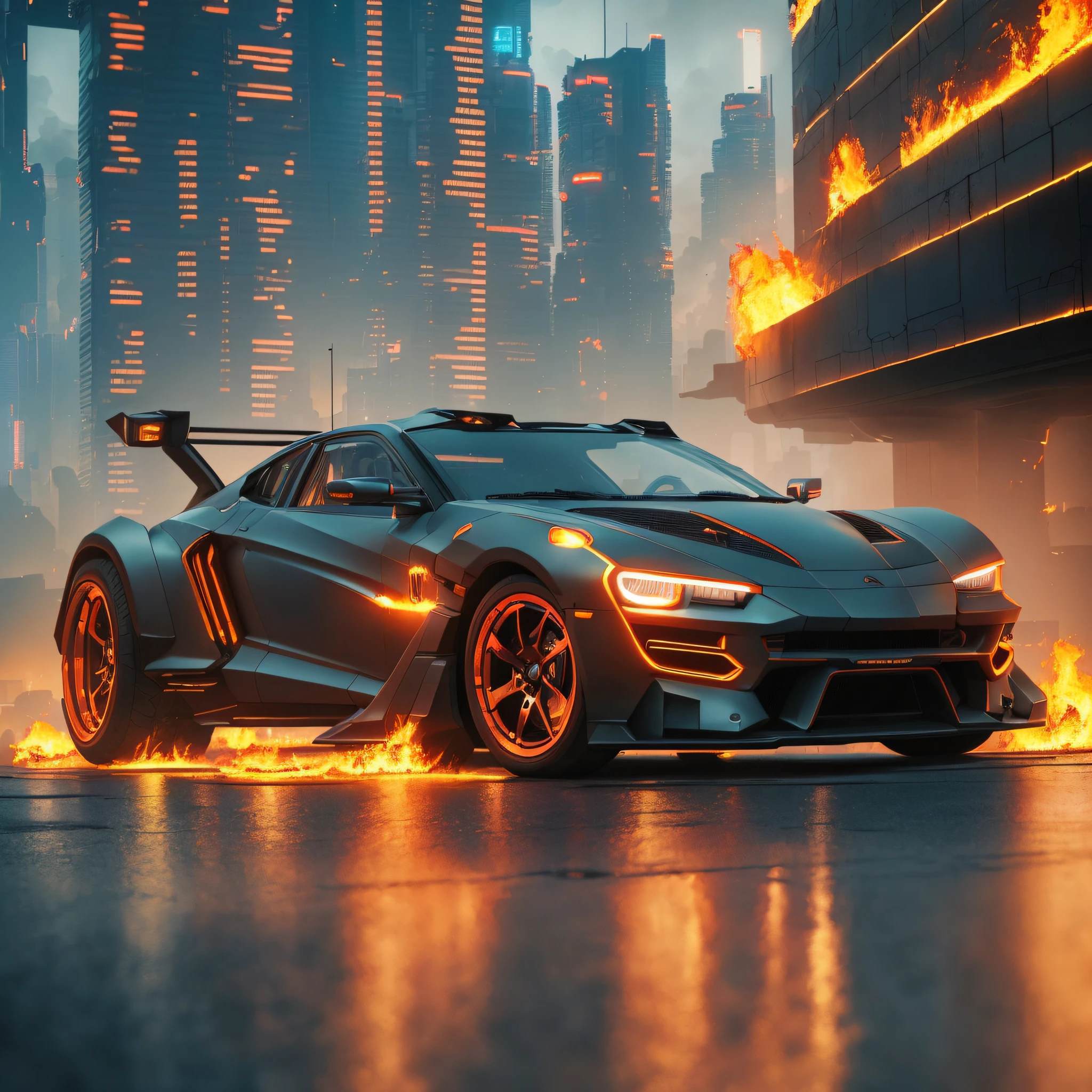 ((cyberpunk futuristic car on fire)) ((Realistic Lighting, Best Quality, 8K, Masterpiece:1.3)) Focus:1.2,Carved Abs:1.1, (Outdoor, Waterfront:1.1), City Street,