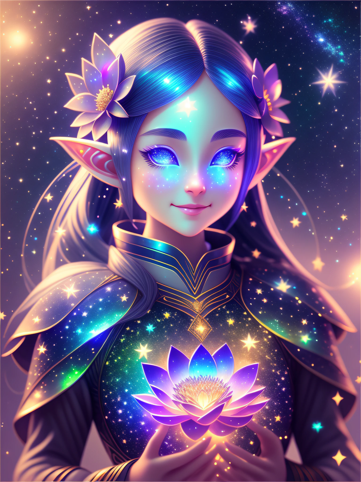 There is one beautiful girl Galactic Snow Elf with a thin body and long hair and elf ears, holding lotus flowers in her hands, facial expression - a gentle surprised smile, starpollen, the brilliance of a scattering of stars, 8K 3D ray tracing rendering, bokeh volumetric lighting, colorful octane rendering, 32k octane rendering, (galaxy) volumetric lighting iridescence, rendered in octane rendering, super rendering in octane rendering, Created in octane rendering, among the stars on the black background of the night galaxy, visualized in octane number, in full growth, a look at the audience