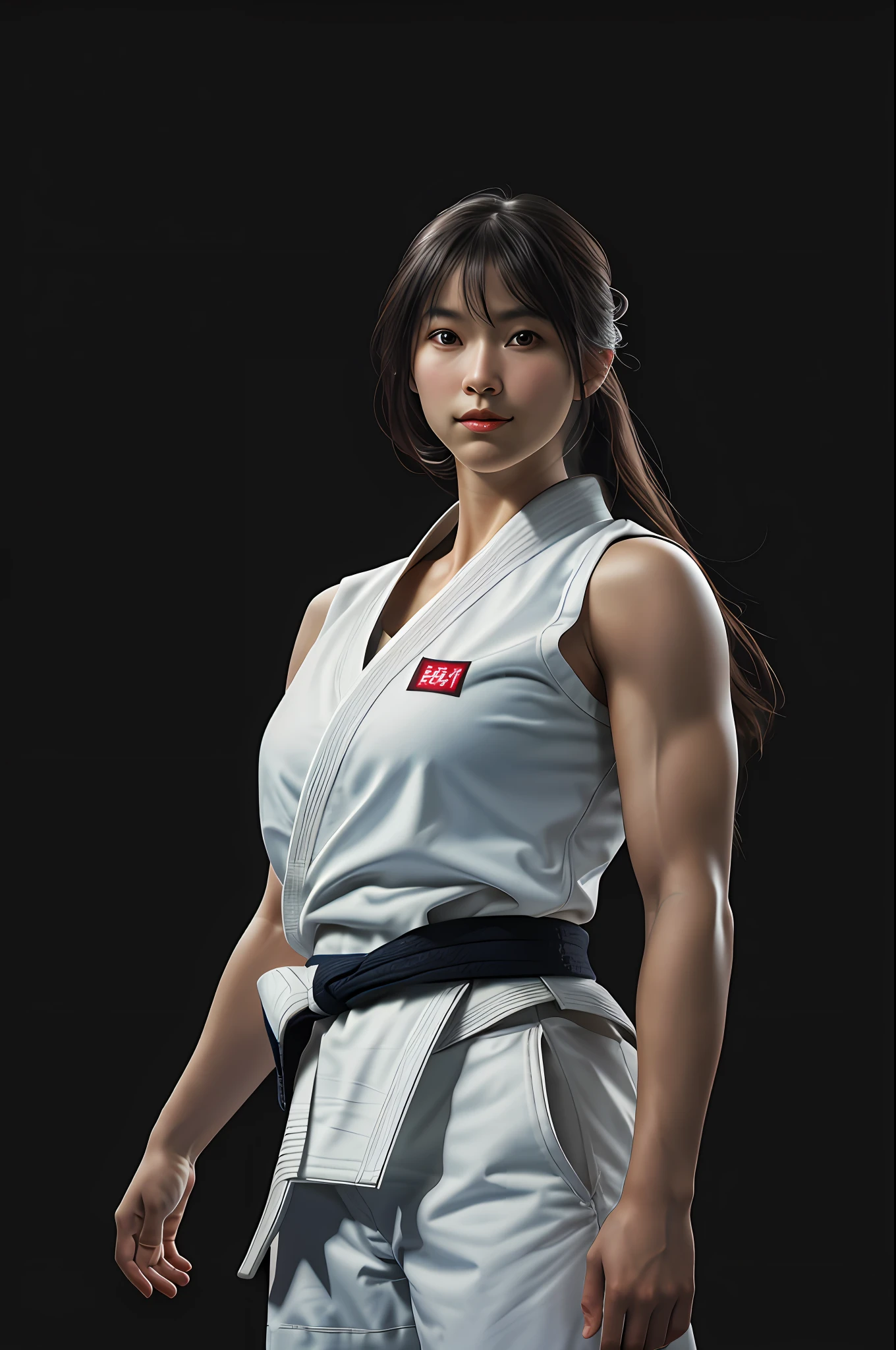 (8k, RAW photo, highest quality, masterpiece: 1.2), (realistic, photorealistic: 1.37), masterpiece, female judoka in composition standing alone, white judogi with black belt, cowboy composition, front gaze, long hair disheveled, smile, trimming the collar, angle from an angle, muscular figure, jab with right arm, jab with left arm, punching pose, dark room, backlit, elbow raising, Cross your arms