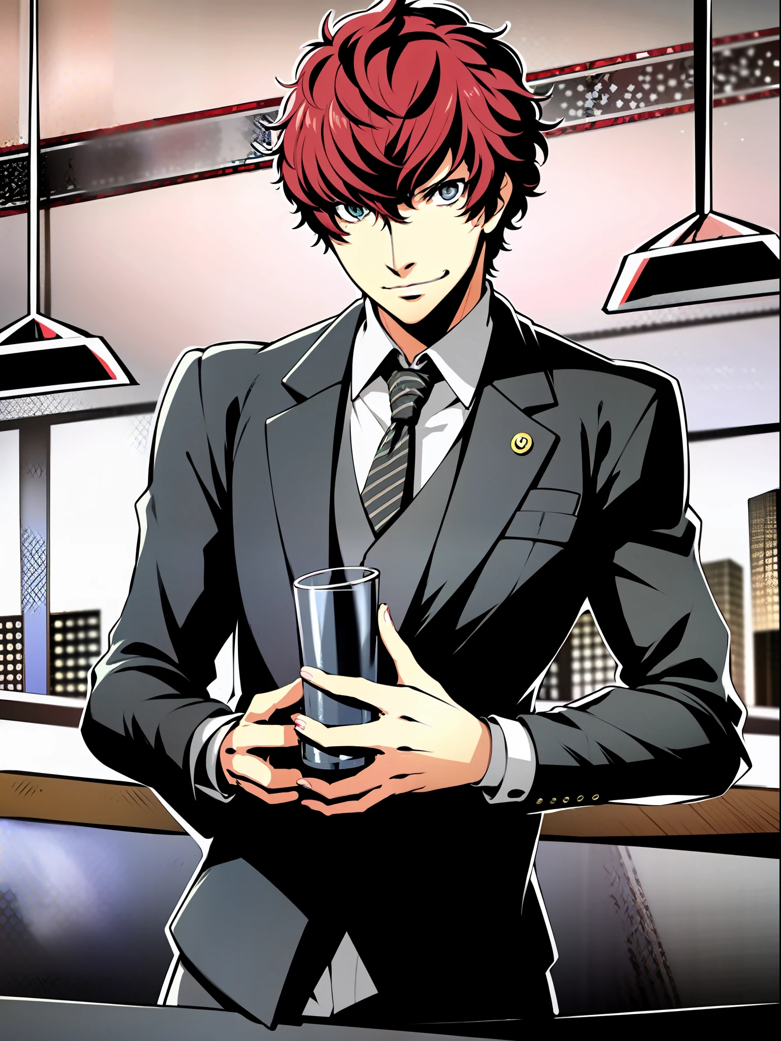 Close-up of a person in a suit and tie, persona 5 style, black suit, persona 5, boy, solo, bar, with drink, bartender, protagonist,