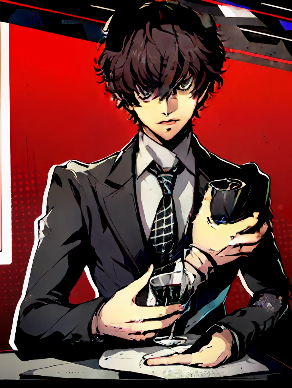 Close-up of a person in a suit and tie, persona 5 style, black suit, persona 5, boy, solo, bar, with drink, bartender, protagonist,