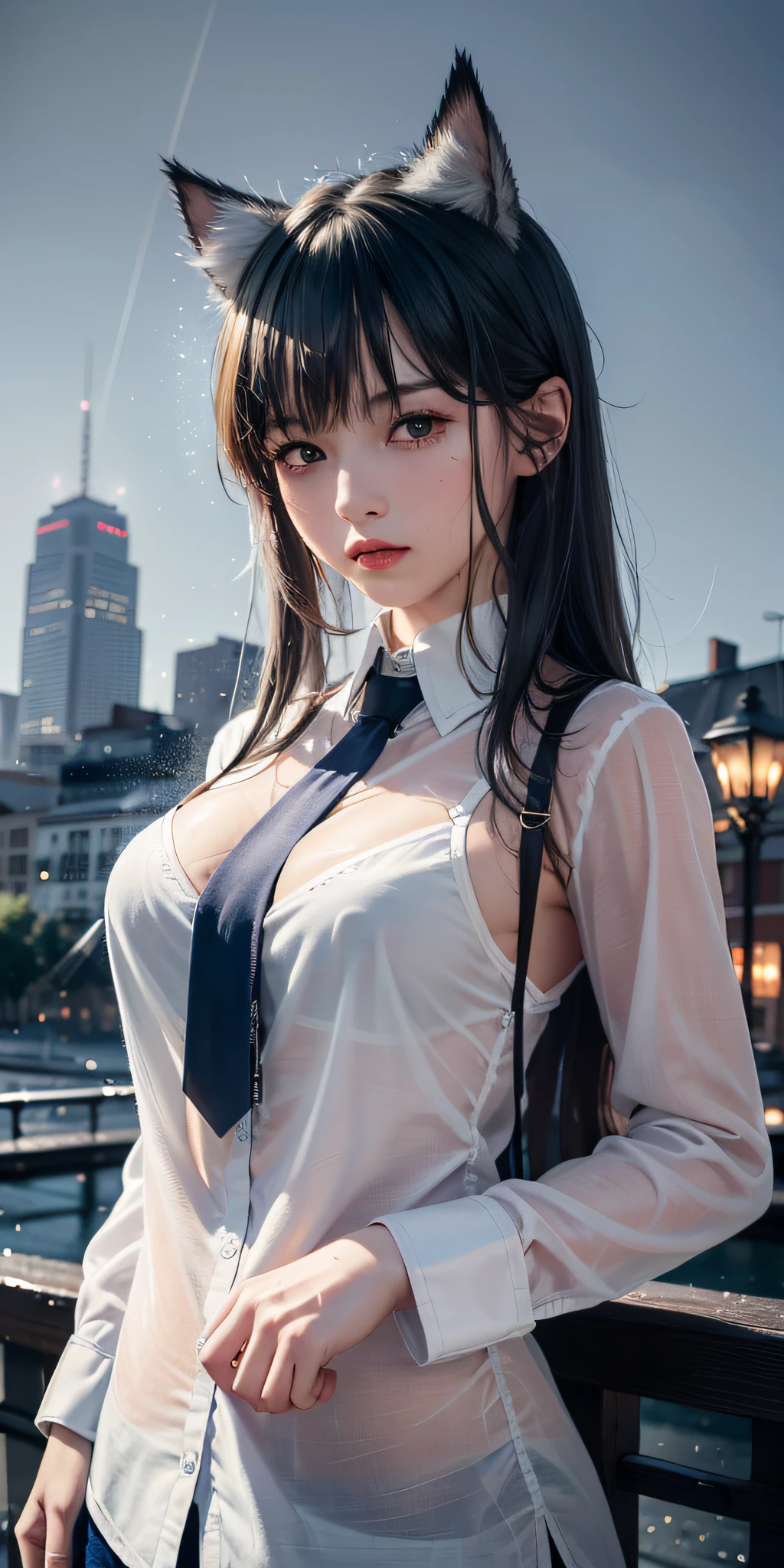 (8k, RAW photo, high sensitivity, best quality, masterpiece, ultra high resolution, fidelity: 1.25), upper body, cat ears, (night), rain, walk, city lights, delicate face, wet white shirt