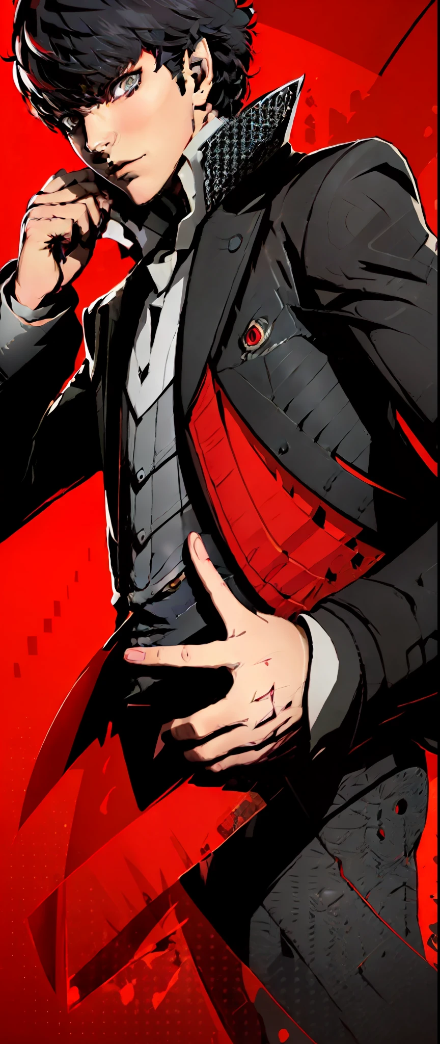 Close-up of person in suit and tie, persona 5 style, black and red suit, red and black suit, persona 5 inspired, wearing black and red suit, boy, solo,