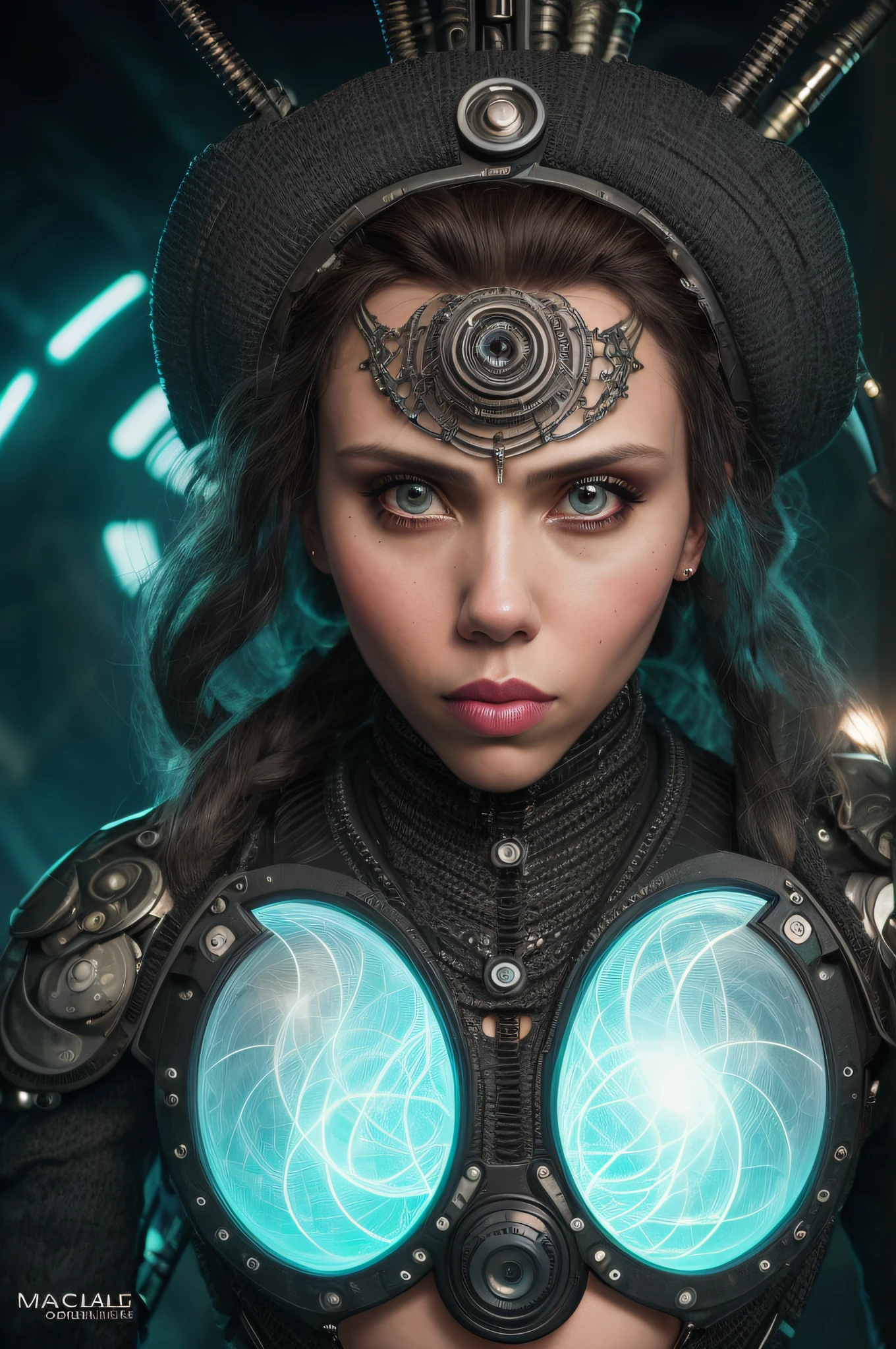 scarjo-subject Biomechanical hacker - shaman of the sisterhood of cables wearing cable - dress made of cables with biomechanical filigree, super haute couture highly detailed eye, highly detailed lips, highly detailed skin, bokeh, lenseflare, by Emil Melmoth, Marcin Nagraba, Rebecca Millen, shot with Hasselblad X1D - 50c