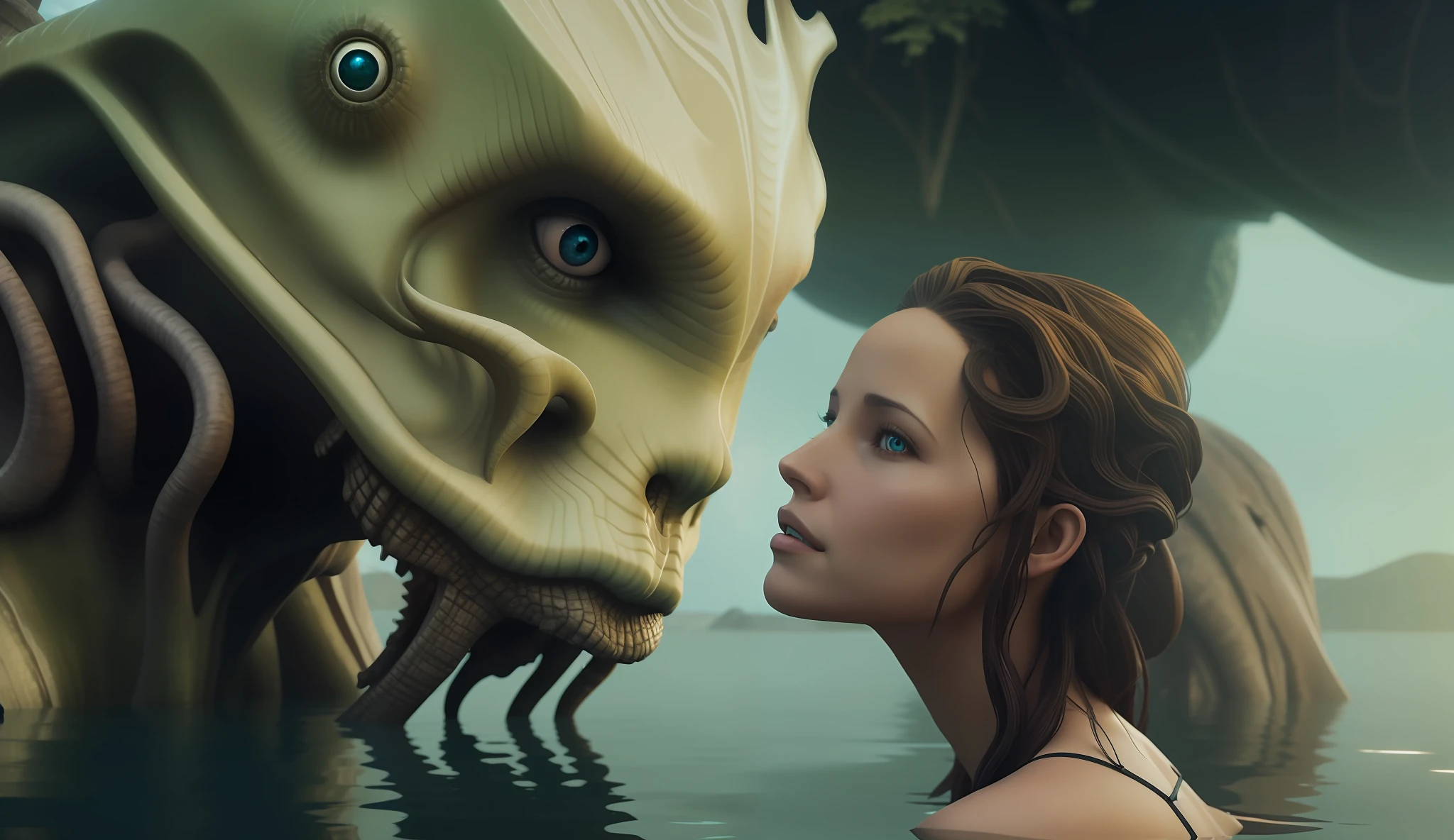 a woman (Maiara Walsh) in a body of water next to a giant creature, computer graphics by Jason A. Engle, cgsociety, fantasy art, behance hd, lovecraftian, daz3d