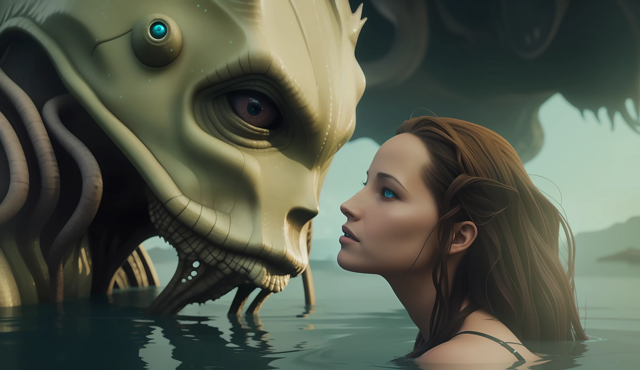 a woman (Maiara Walsh) in a body of water next to a giant creature, computer graphics by Jason A. Engle, cgsociety, fantasy art, behance hd, lovecraftian, daz3d
