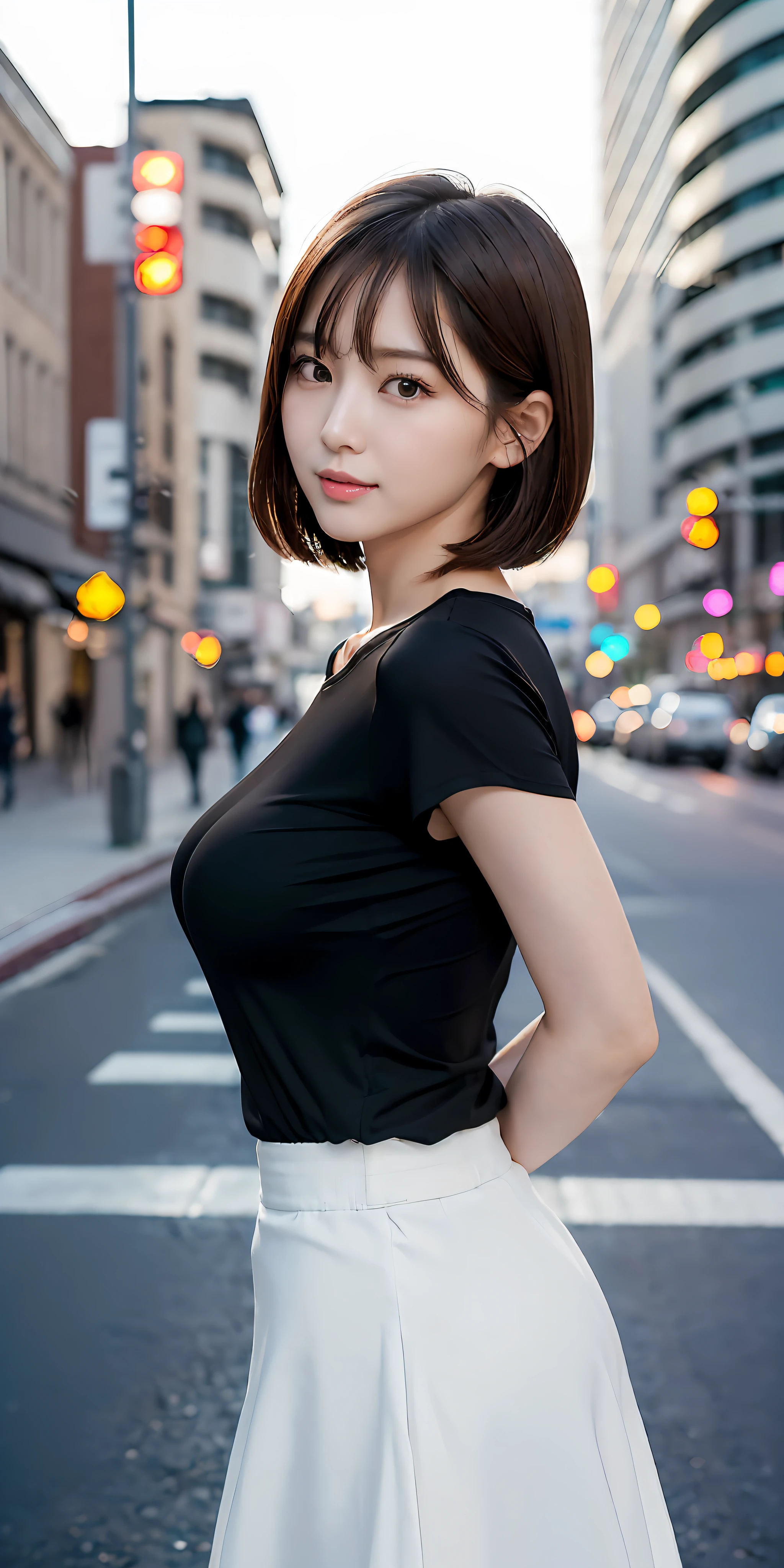 (((((Mai Shiraishi, white long skirt, black plain shirt, cowboy shot, side view, looking ahead, arched back, arms behind head, dark brown very short hair, gigantic breasts, standing, wind)))))(((( masterpiece, best quality, highly detailed, absurdres, RAW photo, ultra high resolution)))), highly detailed face and skin texture, detailed eyes, clear focus, an asian young and beautiful girl, white skin, real human skin, oval face, pores, gentle and goddess-like eyes, lip gloss, eyelashes, Gloss Face, Wide Lighting, Natural Shading, Small Waist, Slender Body, Slight Smile, Clear Facial Features, Beautiful Face, Double Eyelids, Sagging Eyes, Night Cityscape