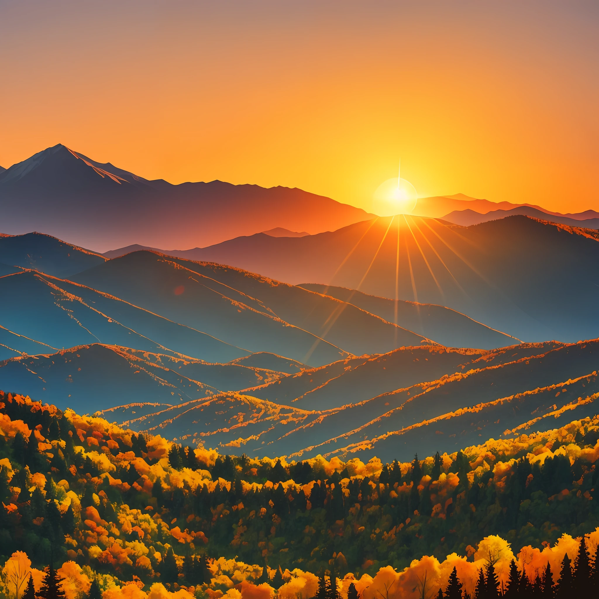 Landscape with sunset, big sun, sun among the mountains, very colorful, beautiful --auto --s2