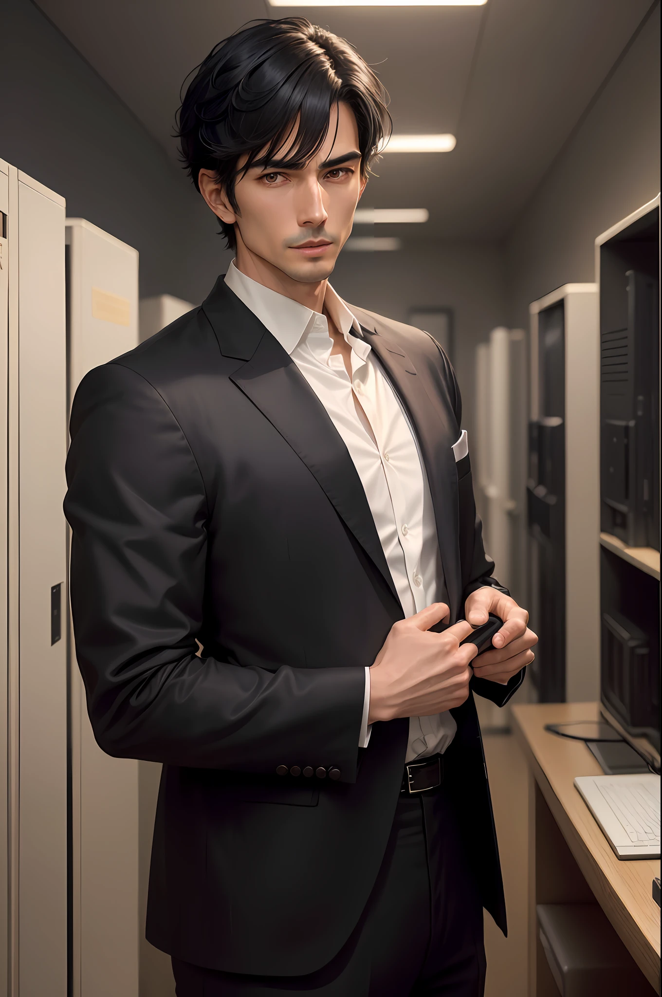 (highest resolution, distinct_image) best image quality, server room, 35 years Japan man, male divine masterpiece, high detail, semi-realistic, short black hair, black hair, bangs, mature, young, tall and strong, black suit, desk, computer, cold, serious, tall and handsome, authoritative, powerful, delicate facial features, exquisite facial features