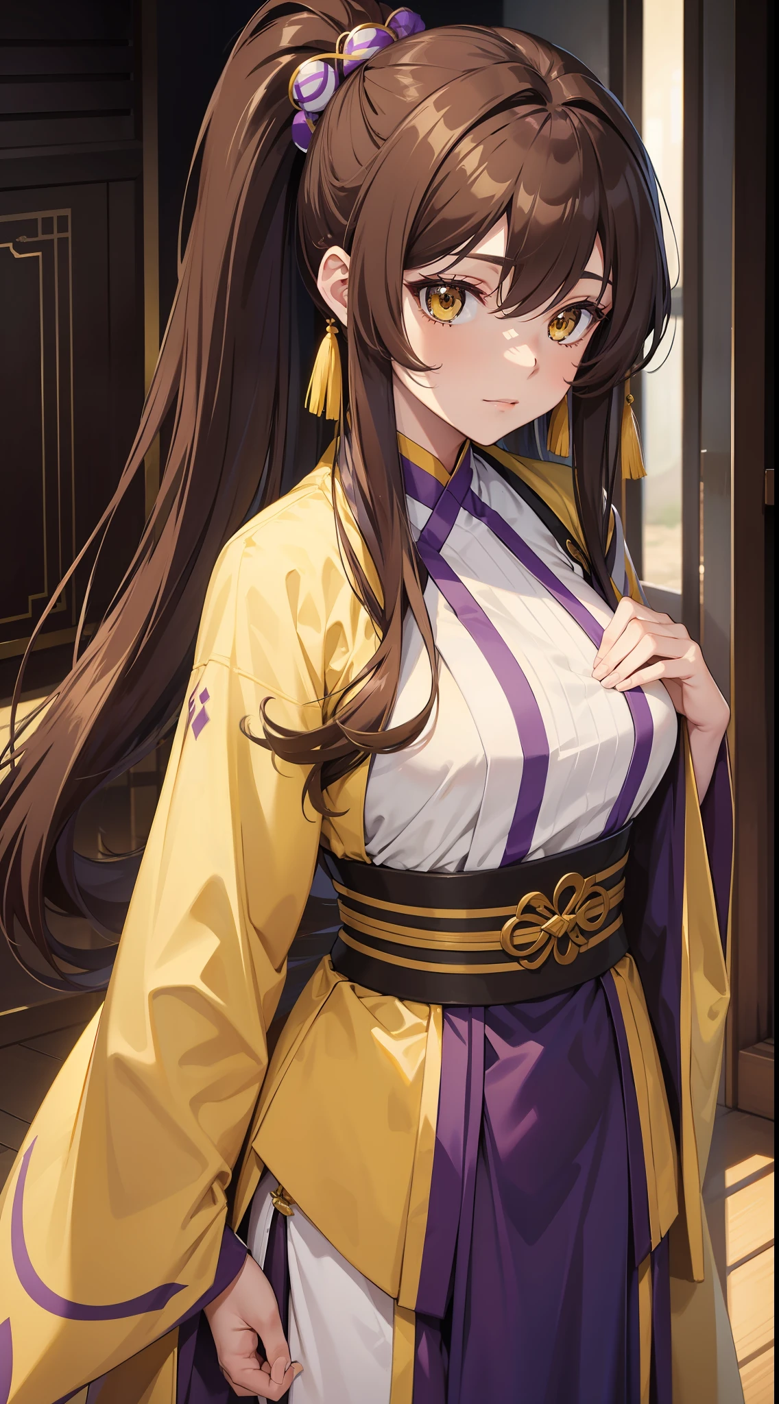 Adult woman, long brown hair, high ponytail, yellow eyes, purple hanfu, open chest, masterpiece, high quality