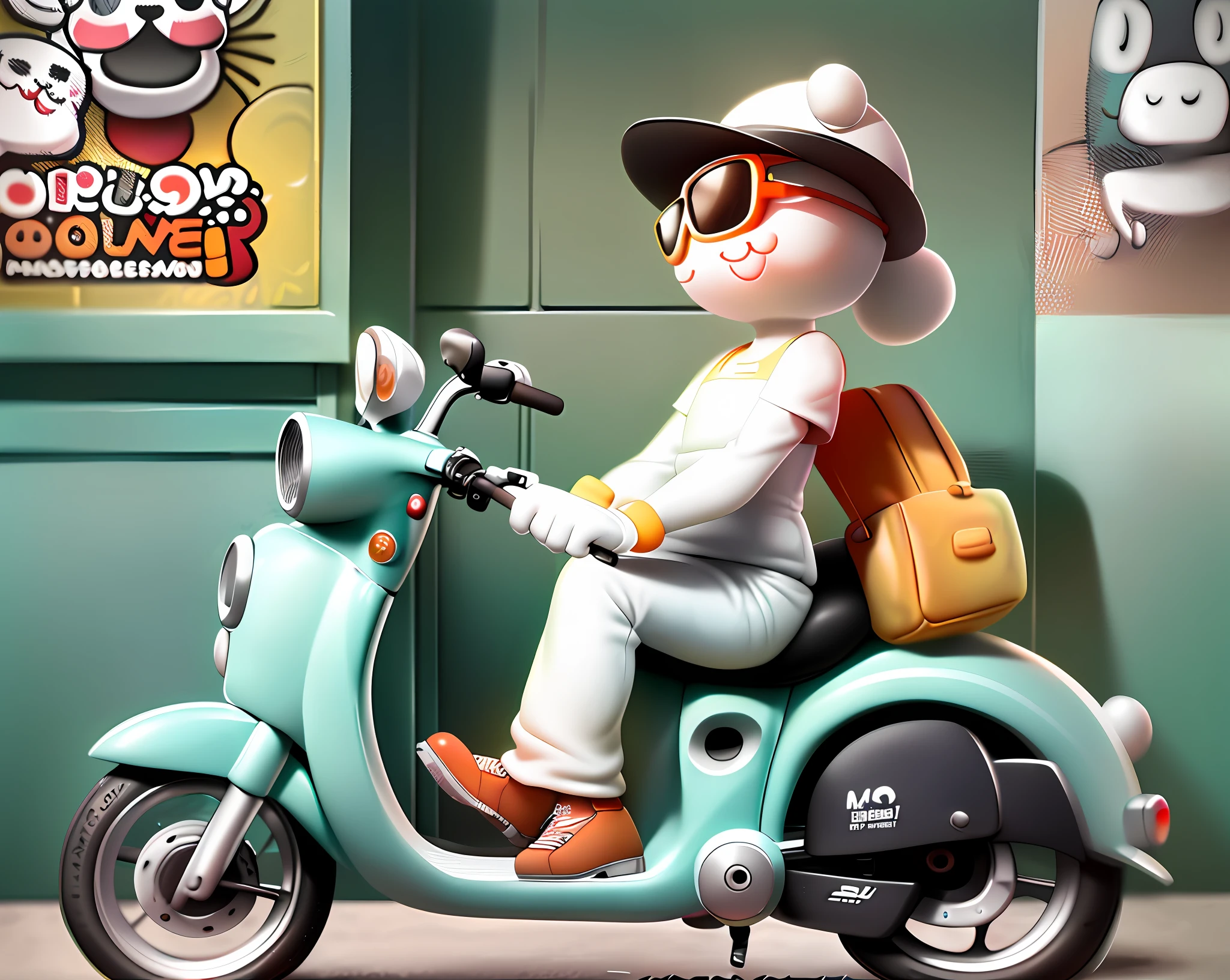 There is a white cat riding a scooter with hat and sunglasses, white background (cat wearing sunglasses, passionate, cute cartoon characters, hand drawn cartoon art style, cartoon style illustration, simple and clean illustration, mascot illustration, illustration line art style, funny illustration, cute illustration, hello, 3 0, adobe illustrator made, moped rider, cyclist, white background