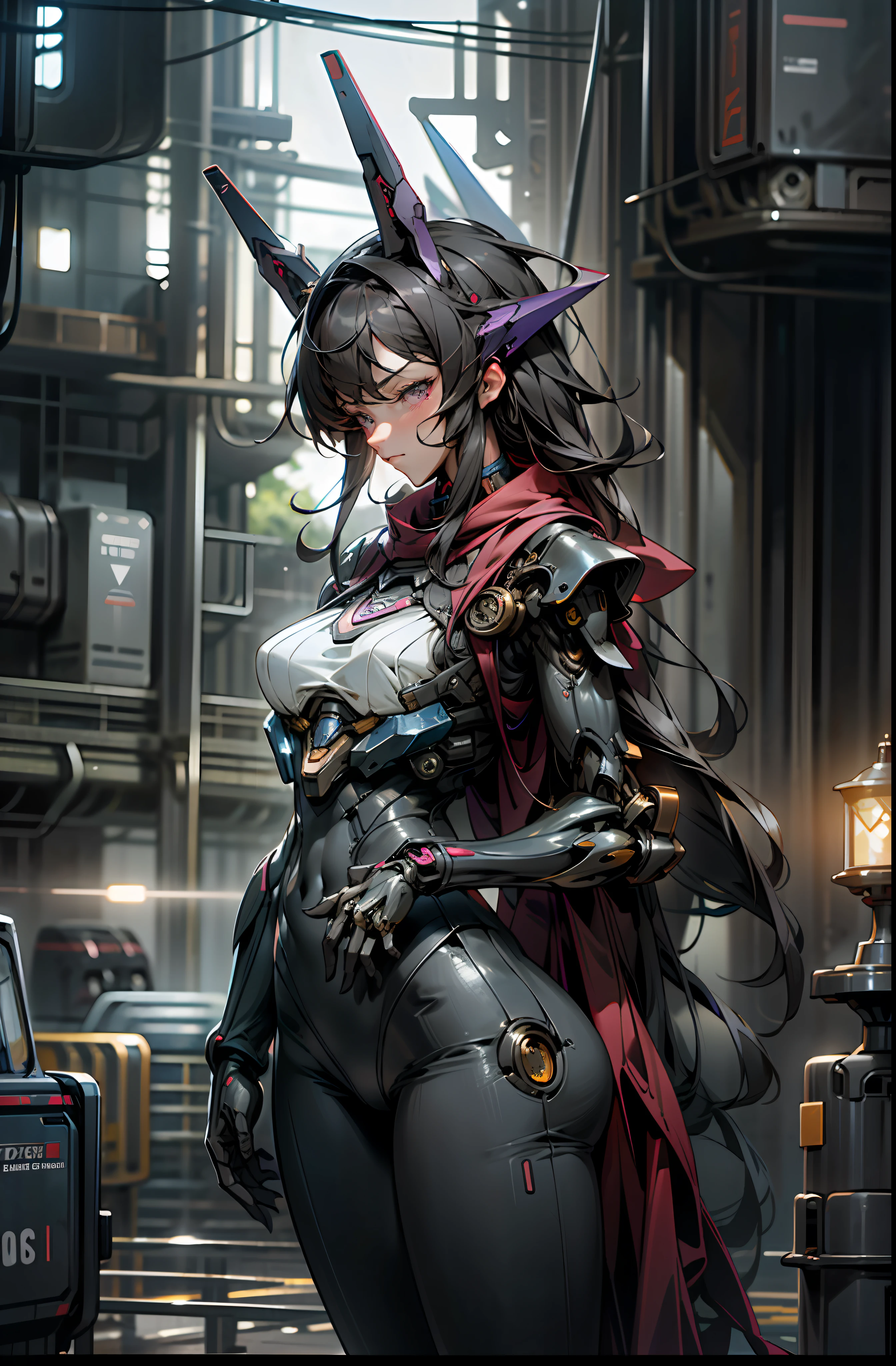 Girl, Sexy, Breast Parts Off, Mecha Suit, Face and Chest and Thighs Skin Exposed, Big, Cleavage Exposed Skin, Purple Eyes, Glowing Eyes, Fine LED Lamps, Detailed Neon, Dark_Fantasy, Cyberpunk Suit, (Gundam, Red: 1.1), One, Mechanical Wonders, Robotic Presence, Cybernetic Guardian, Wearing a worn-out mech suit, complex, (steel metal [rusty]), elegant and clear focus, cinematography by Greg Rutkowski, soft lighting, vivid colors, masterpiece, (street)), cowboy shots, dynamic poses,