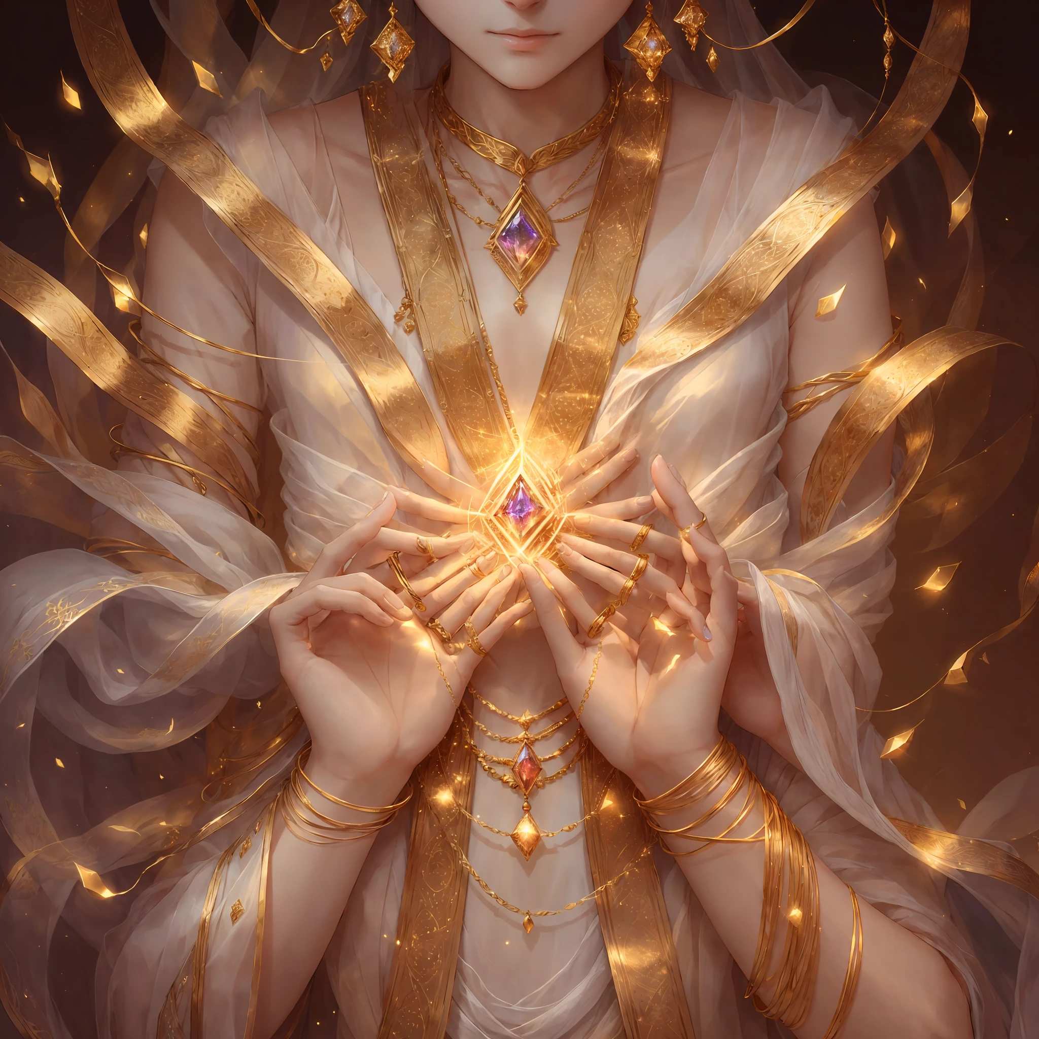 The skin of the fingers is white, slender and powerful, the wrists are wrapped with thin gold threads, and the fingertips are shining with the light of gemstones --auto --s2