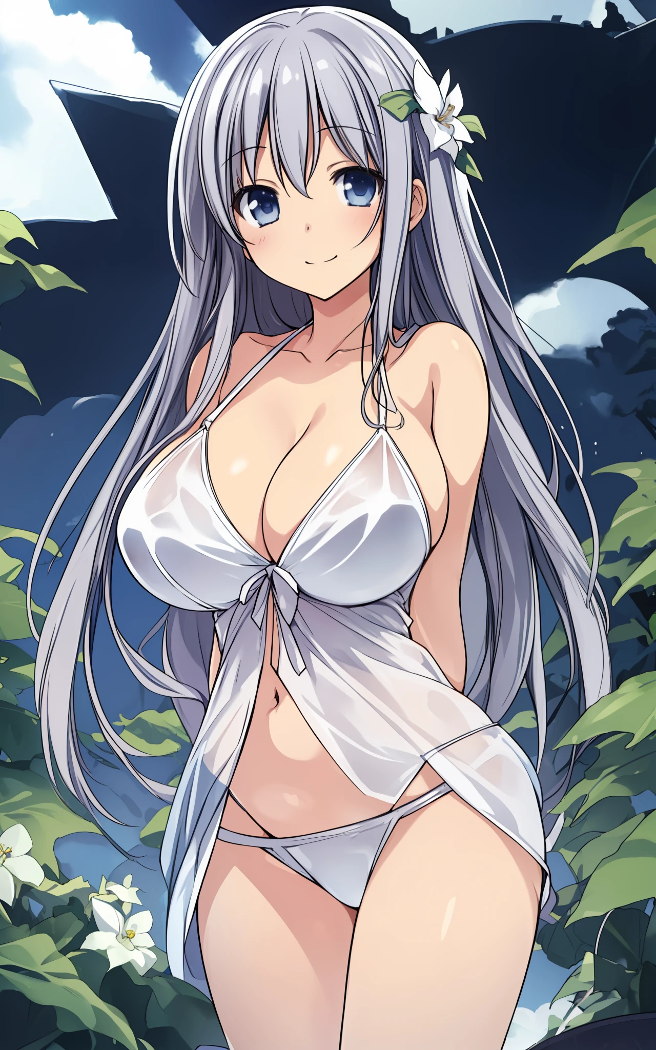 Mio_Takamiya, (masterpiece:1.2), (high_quality:1.2), (detailed:1.2), (huge breasts:1.5), looking at viewer, 1girl, solo, long_hair, silver hair, blue_silver_eyes, busty, swimsuit, see-through, bare shoulders, smile, flower field, full view, arms behind back, smile.