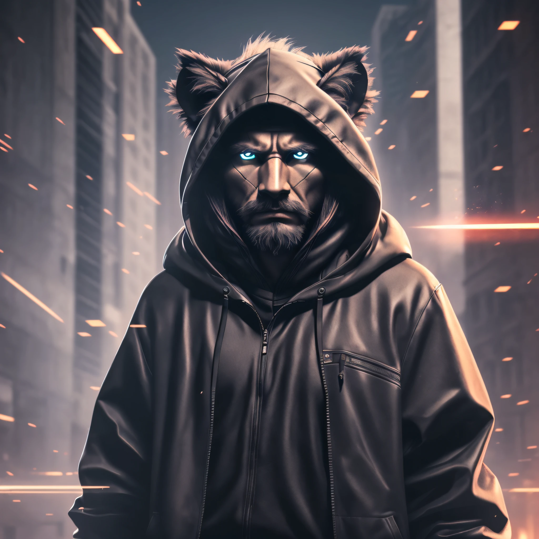 (extremely detailed CG unity 8k wallpaper, masterpiece, best quality, ultra-detailed), high contrast, dramatic lighting, (1 man), hooded, lion head, hacker, dark background, cinematic style. --auto --s2