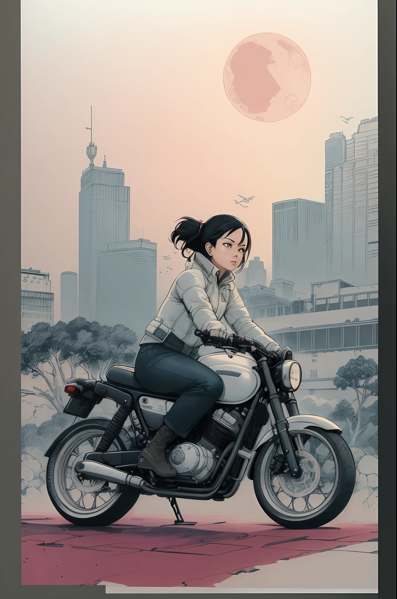 there is a drawing of a woman riding a motorcycle in the city, akira style illustration, frank cho, in style of katsuhiro otomo, inspired by Josan Gonzalez, shohei otomo, inspired by Otomo Katsuhiro, in the style of akira, laurie greasley and james jean, clean ink detailed line drawing, in style of laurie greasley