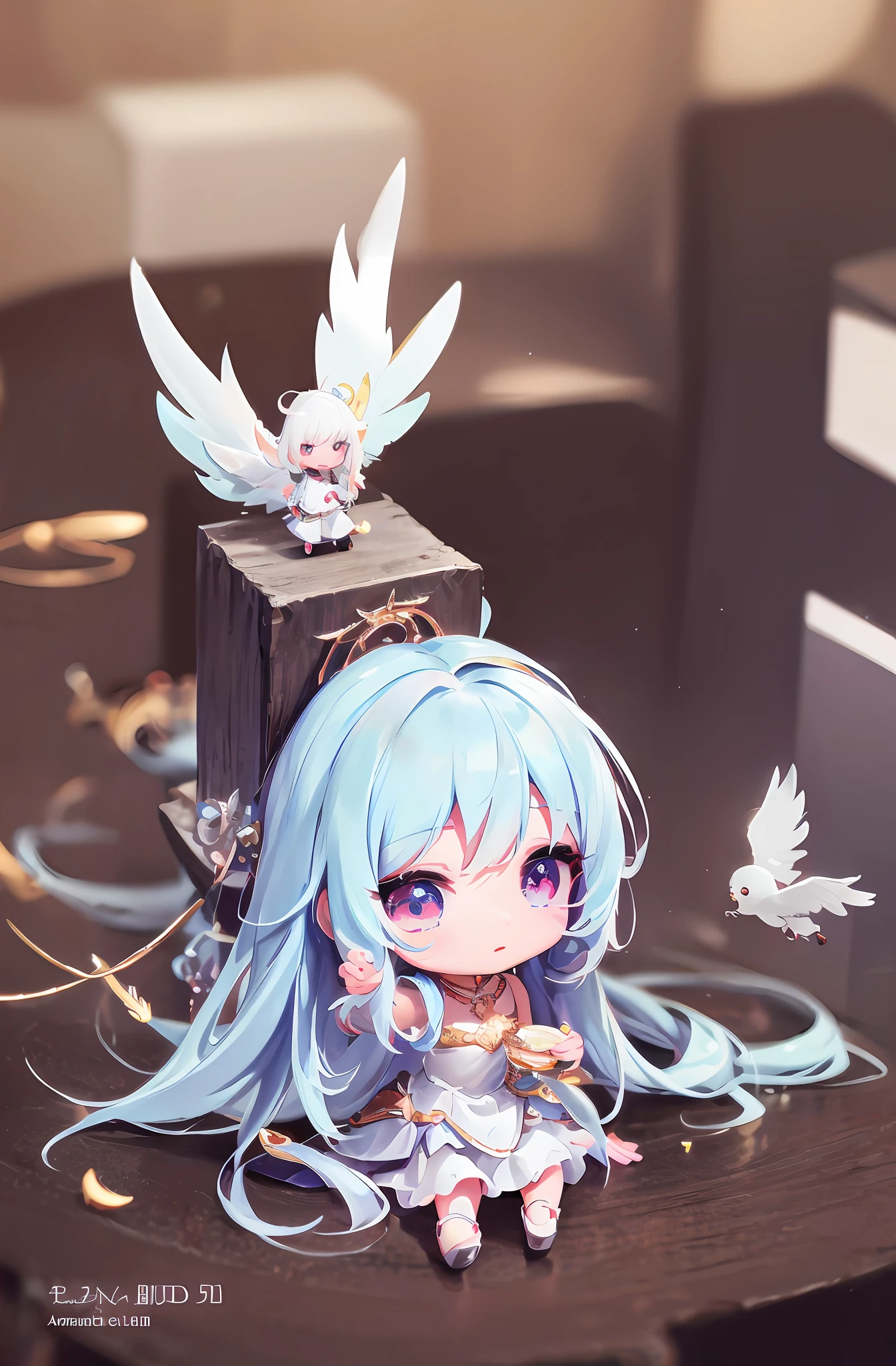 1 Anime Angel Doll, (Chibi: 1.3), 8K high quality detail art, white feathers on back, white long hair, gradient, style as Nendoroid, stylized anime, anime style 4K, cute detailed digital art, Guweiz style artwork, 8K octar rendering photos, advanced digital chibi art, cute 3D rendering, anime style.