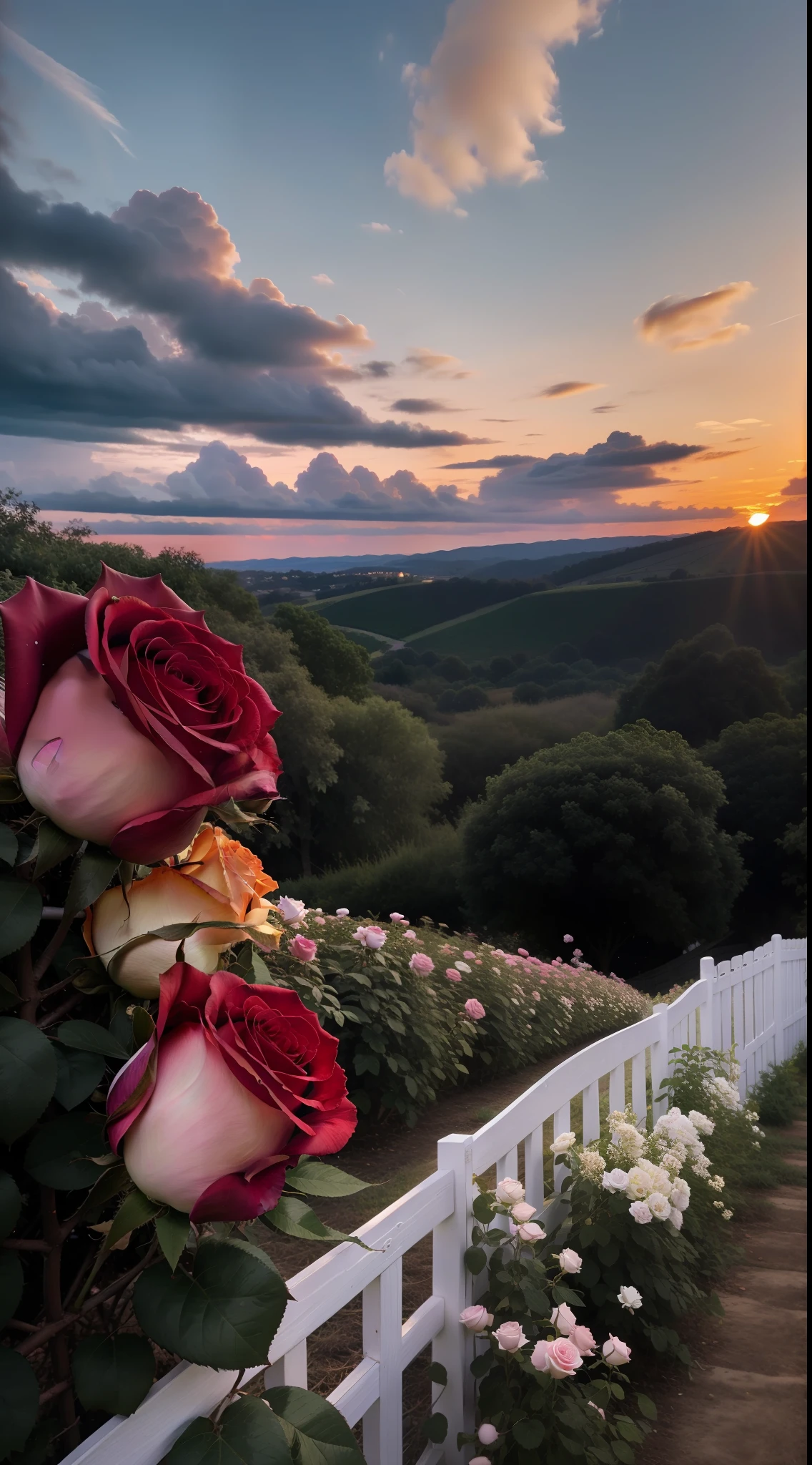 The sky is a magnificent sunset, In front of it is a row of white fences, The fence is covered with delicate roses, The colors of the roses are colorful, The whole picture is romantic, reality, high detail, Realism, chromatic aberration, chiaroscuro, UHD, masterpiece, ccurate, anatomically correct, super detail, high details, high quality, award winning, best quality, highres, 16k