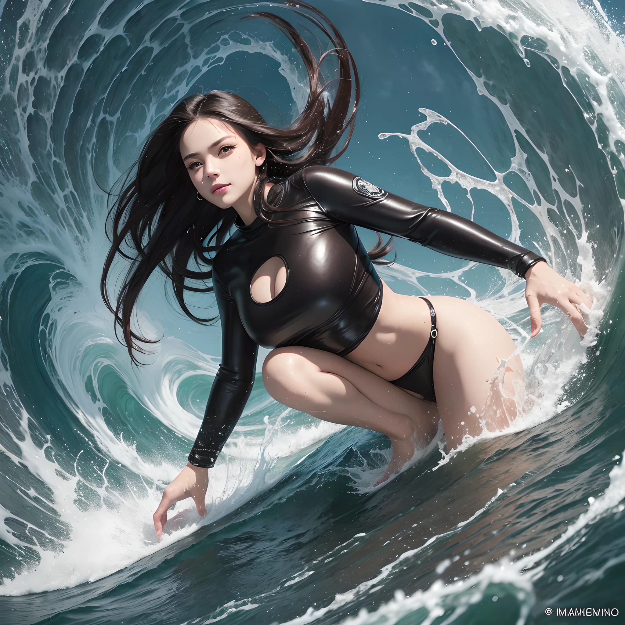 Beautiful and aesthetic:1.2, extreme details,maximum details,shining,(beauty surfer riding super big wave:1.1),beauty face,brown eyes,cute mouth,evil_smile,short bob,shaggy,beautiful aesthetic,create images using strobe lighting, dramatic shadows, highlights, sense of depth and dimensionality,splash art, Unity8K Official Art Realistic Photos, Ultra Detailed, Beautiful and Aesthetic, Masterpiece, Top Quality, Very Vivid Colors, Romanticism, James Jean, Robbie Dowi Antono, Ross Tran, Christian Lise Lassen,