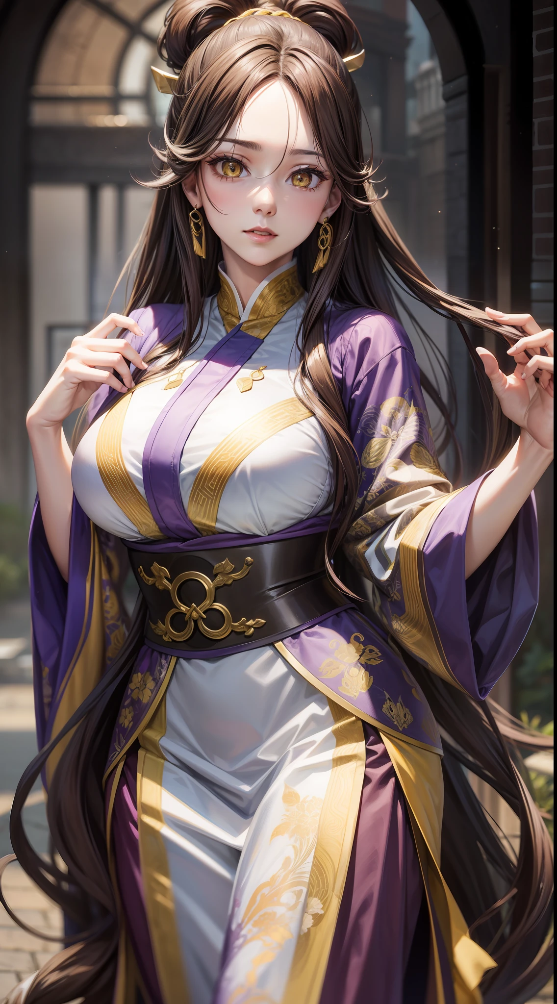 Adult woman, long brown hair, high ponytail, yellow eyes, purple hanfu, open breasts, masterpiece, high quality